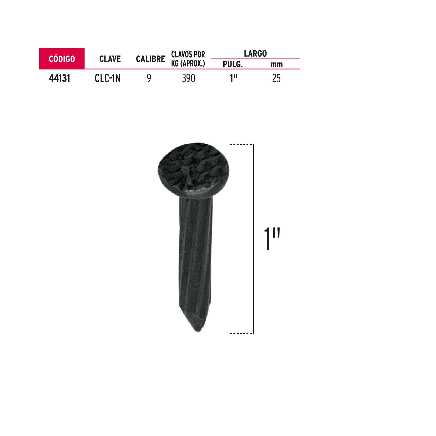 Bolsa con 1 kg de clavos para concreto negros 1", Fiero