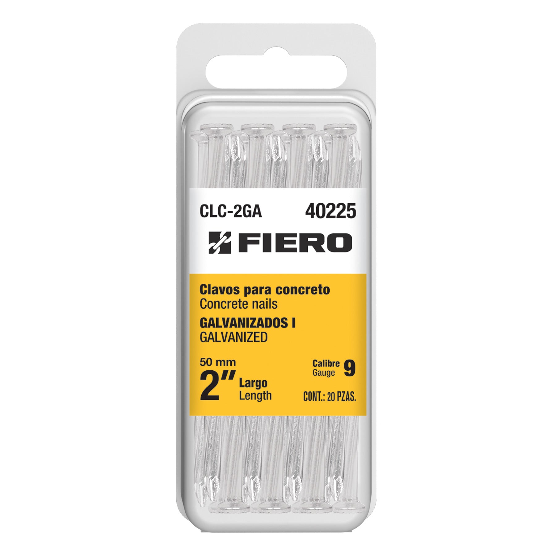 Blíster con 20 clavos galvanizados para concreto 2", Fiero