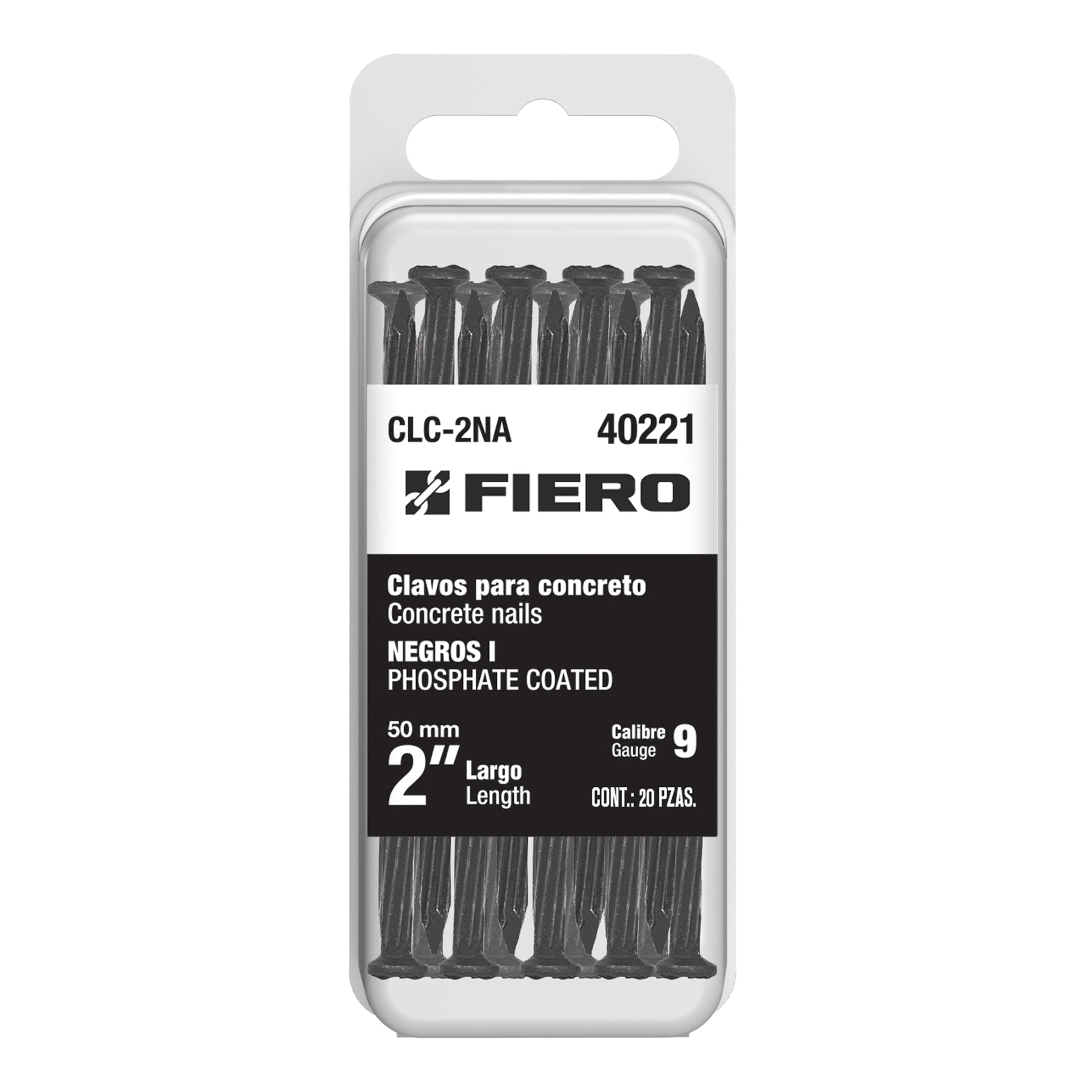 Blíster con 20 clavos negros para concreto 2", Fiero
