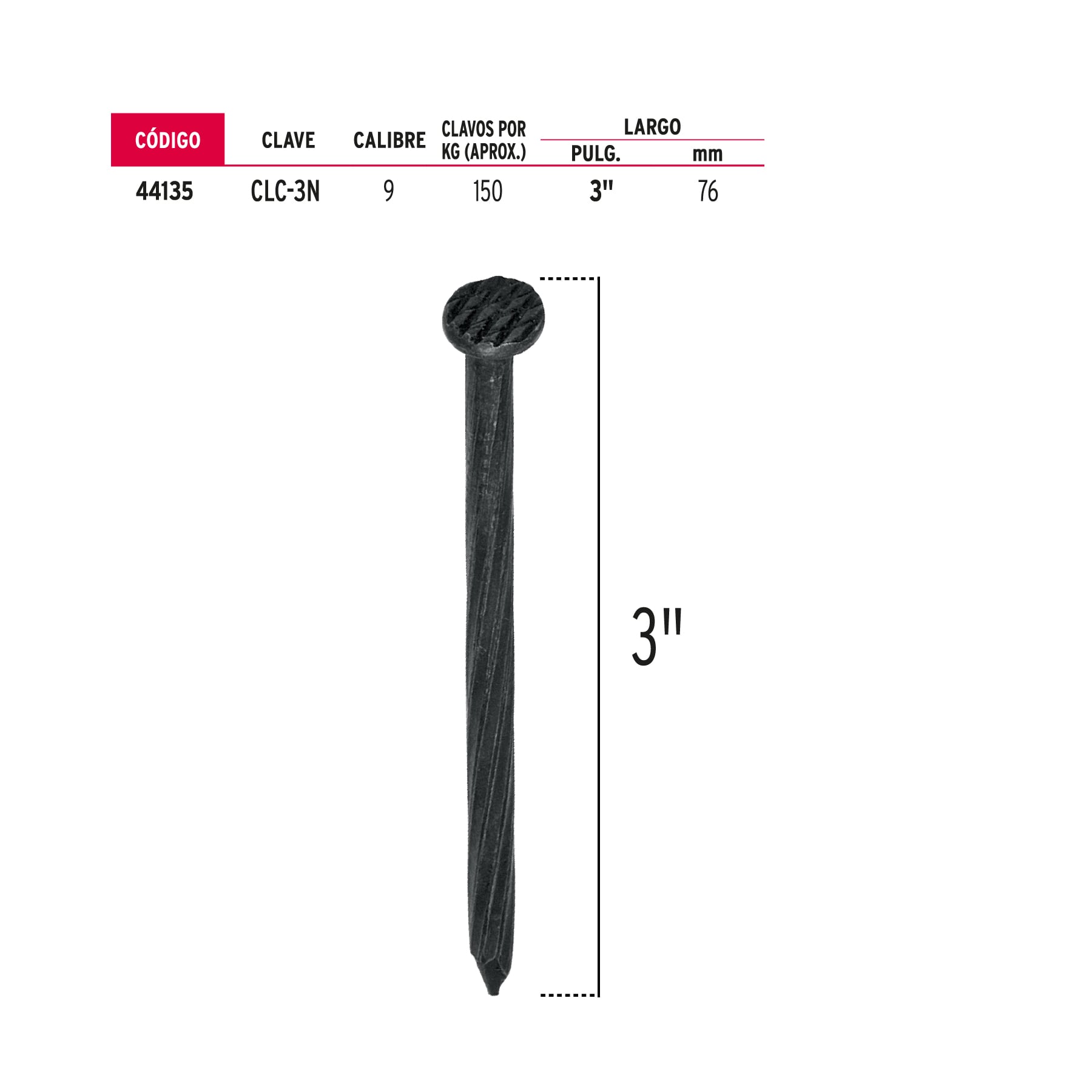 Bolsa con 1 kg de clavos para concreto negros 3", Fiero