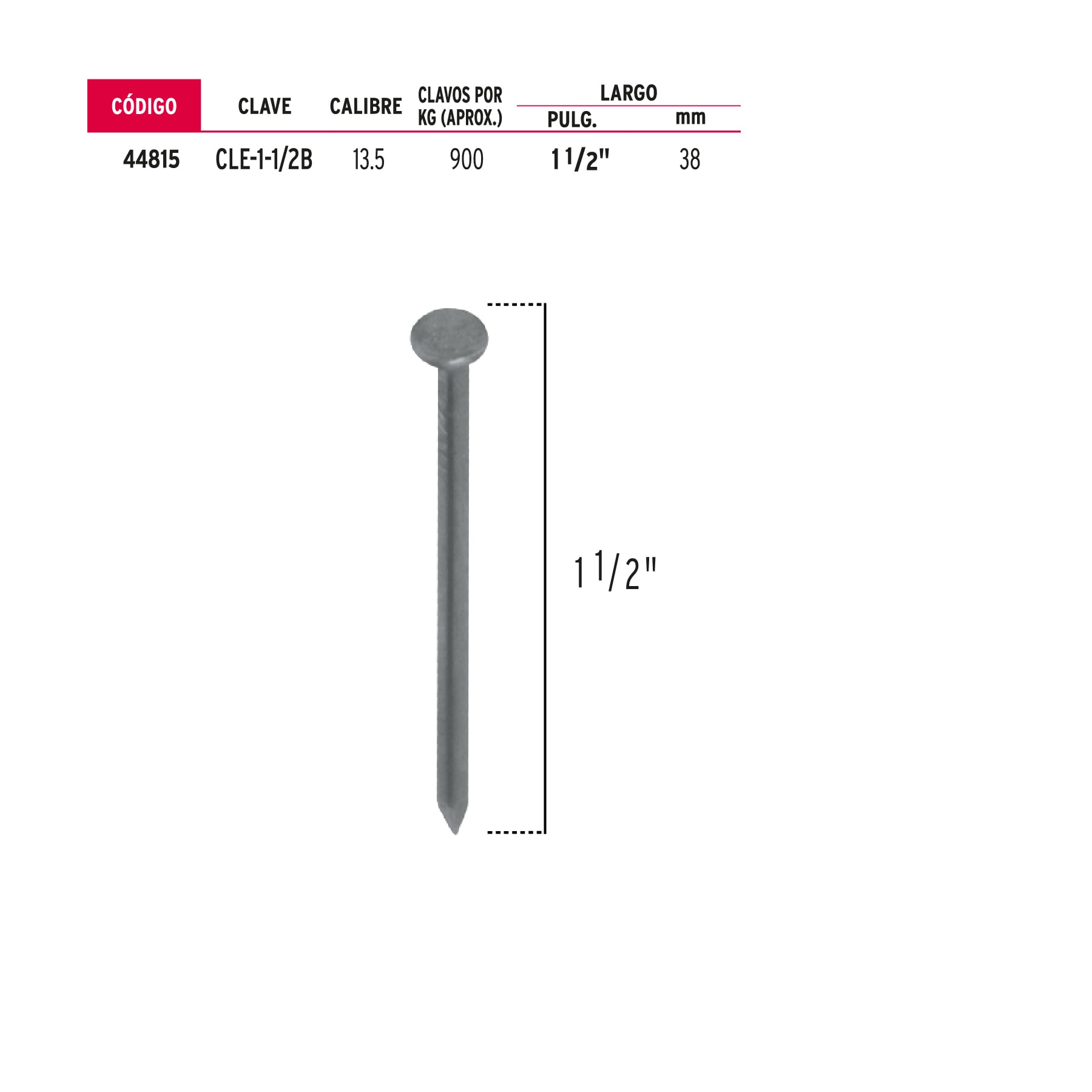 Bolsa con 1 kg de clavo estándar 1-1/2" con cabeza, Fiero
