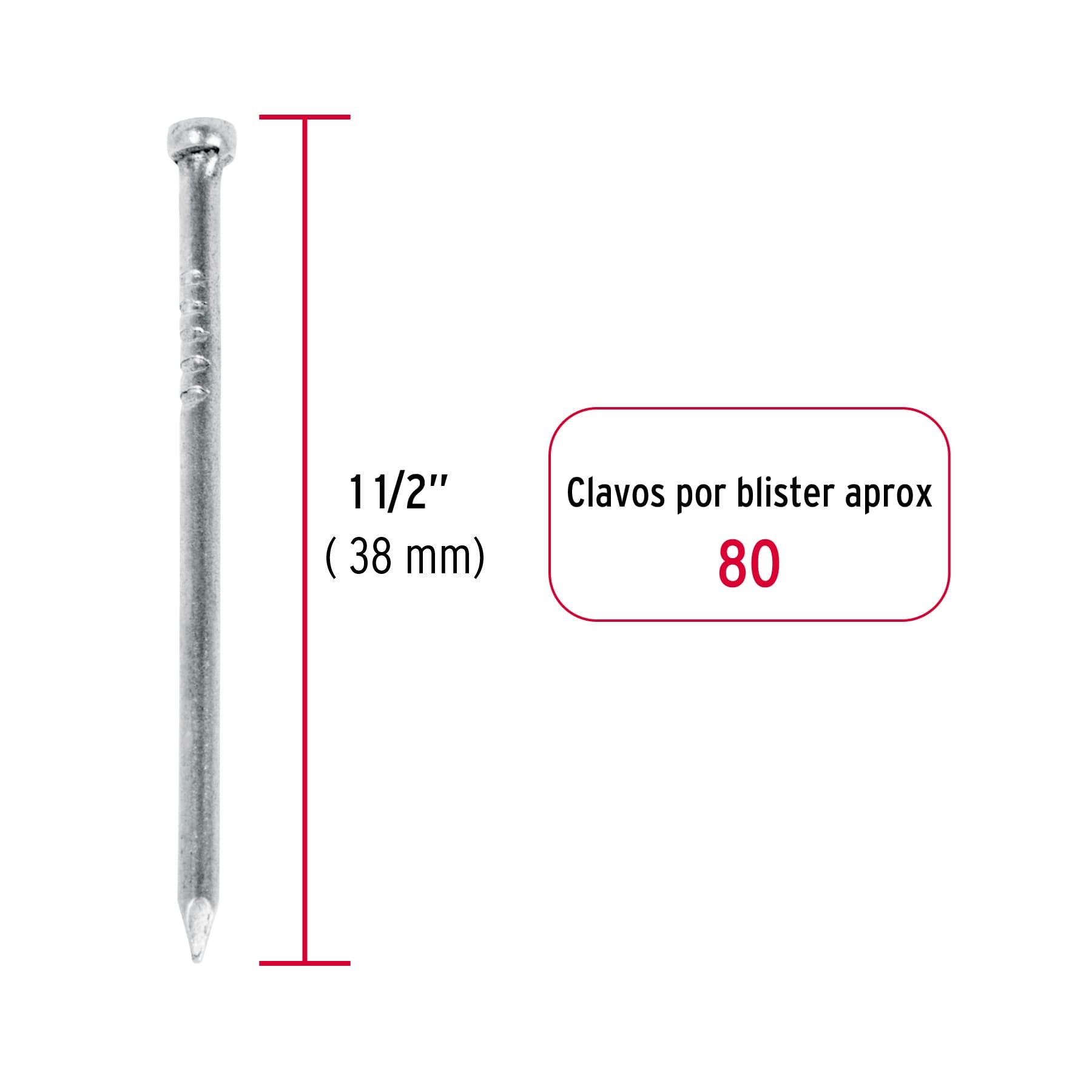Blíster con 80 clavos estándar 1-1/2" sin cabeza, Fiero