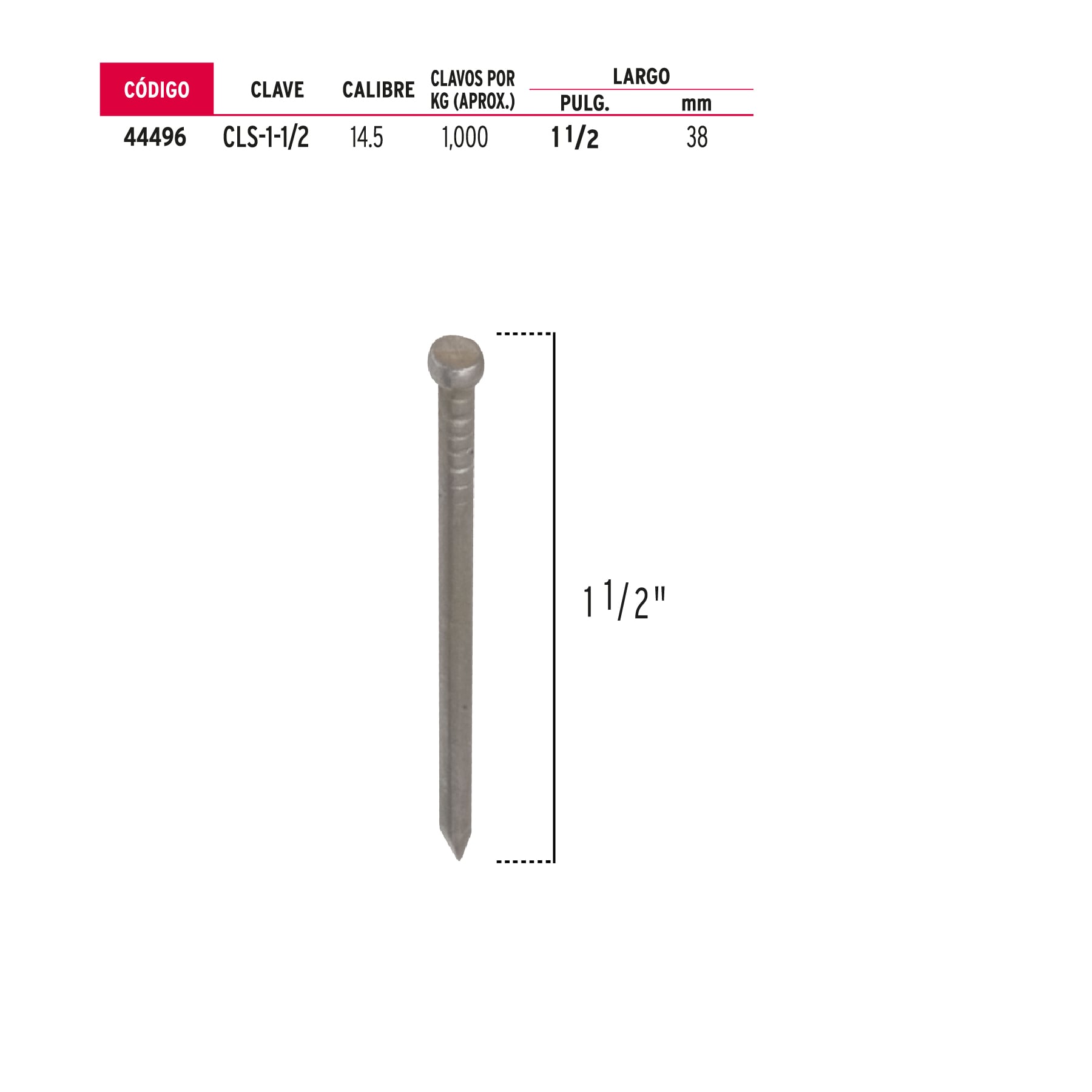 Bolsa con 1 kg de clavo estándar 1-1/2" sin cabeza, Fiero