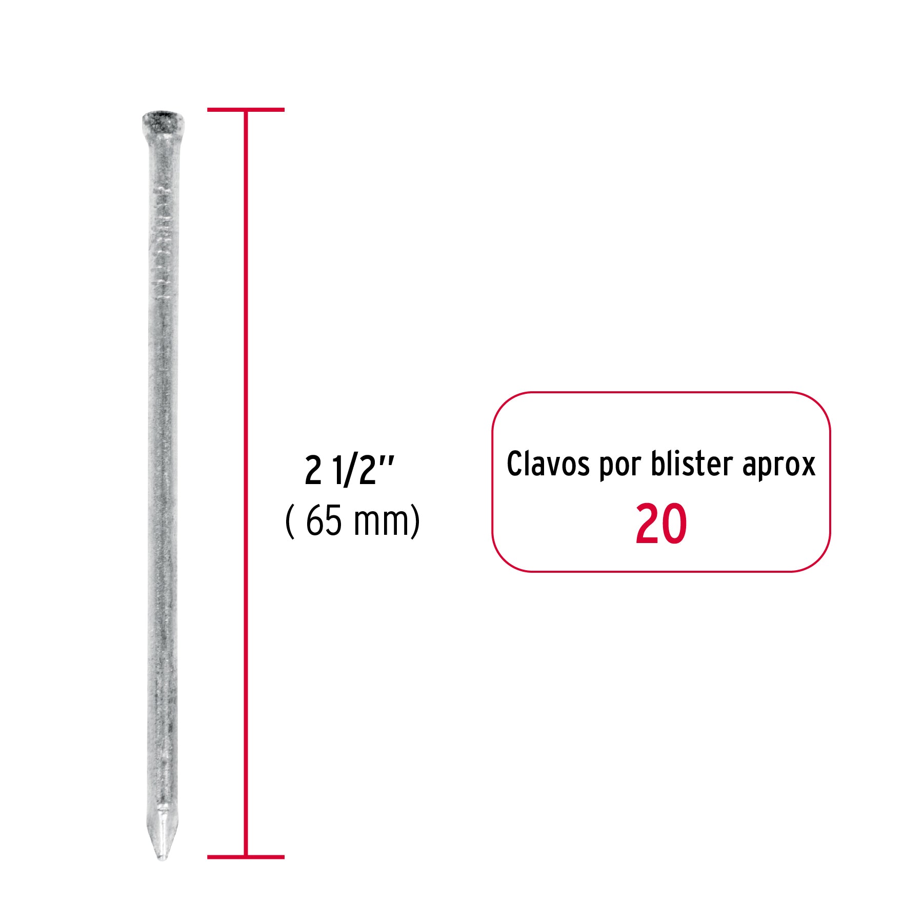 Blíster con 20 clavos estándar 2-1/2" sin cabeza, Fiero