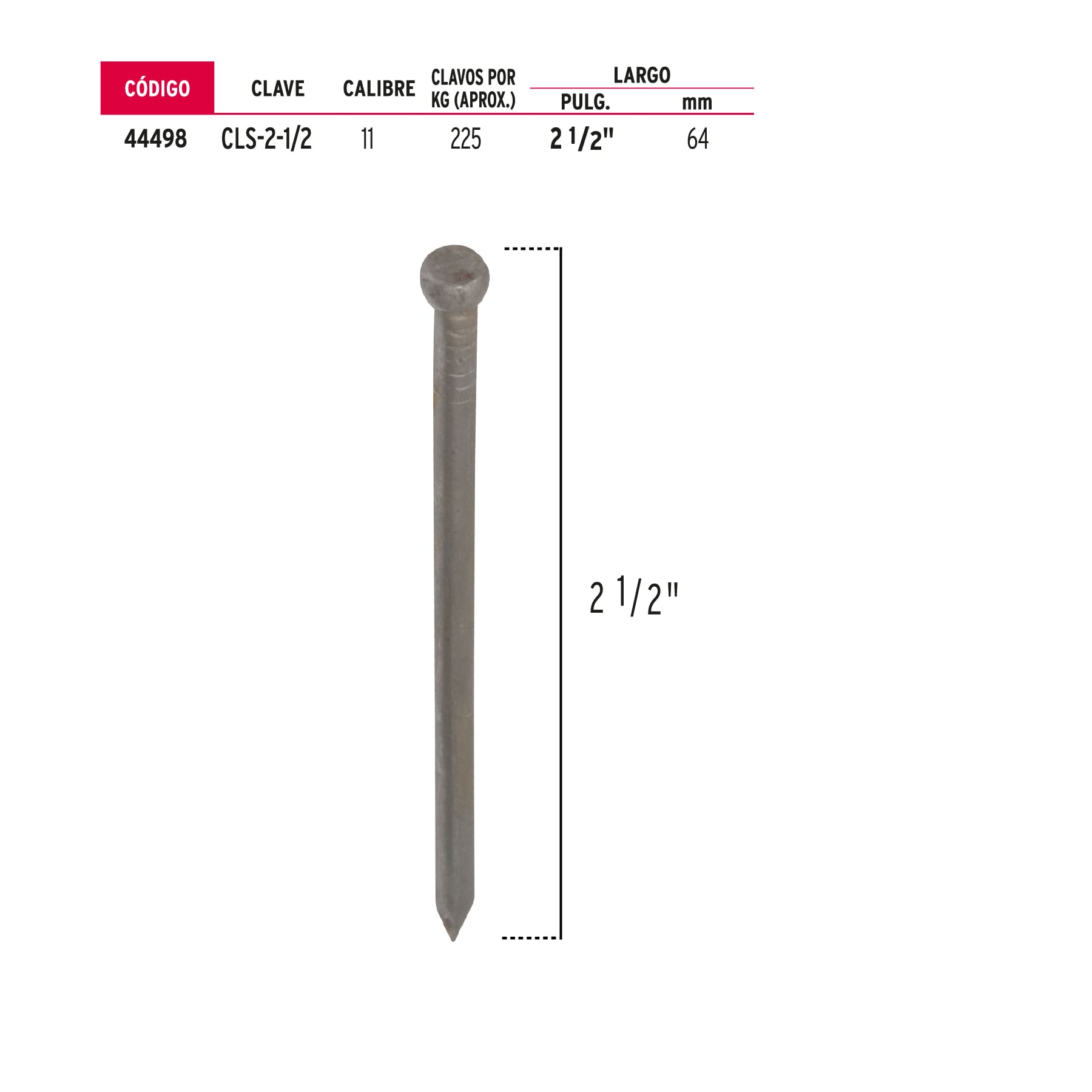 Bolsa con 1 kg de clavo estándar 2-1/2" sin cabeza, Fiero