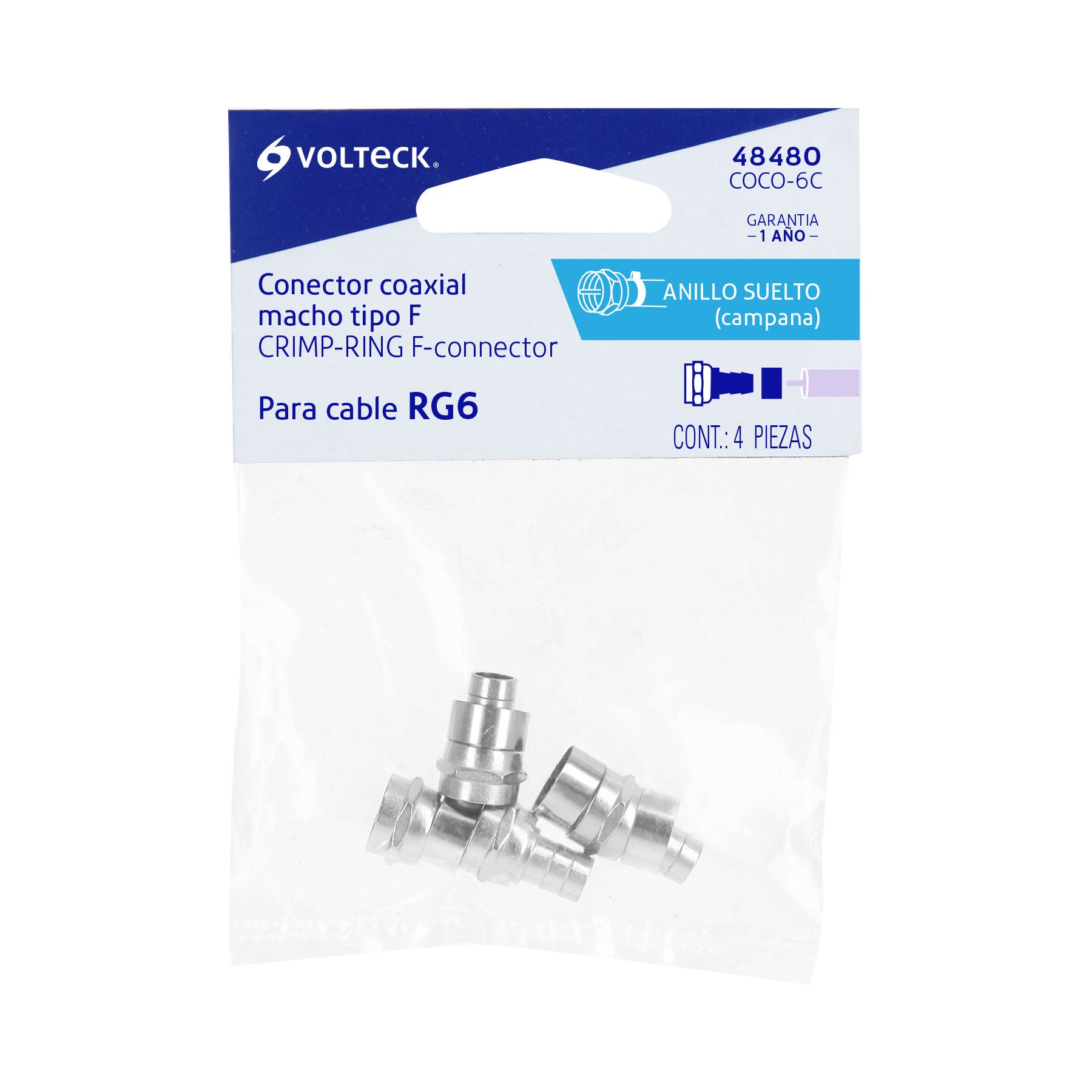 Bolsa con 4 conectores coaxiales RG 6 tipo campana, Volteck