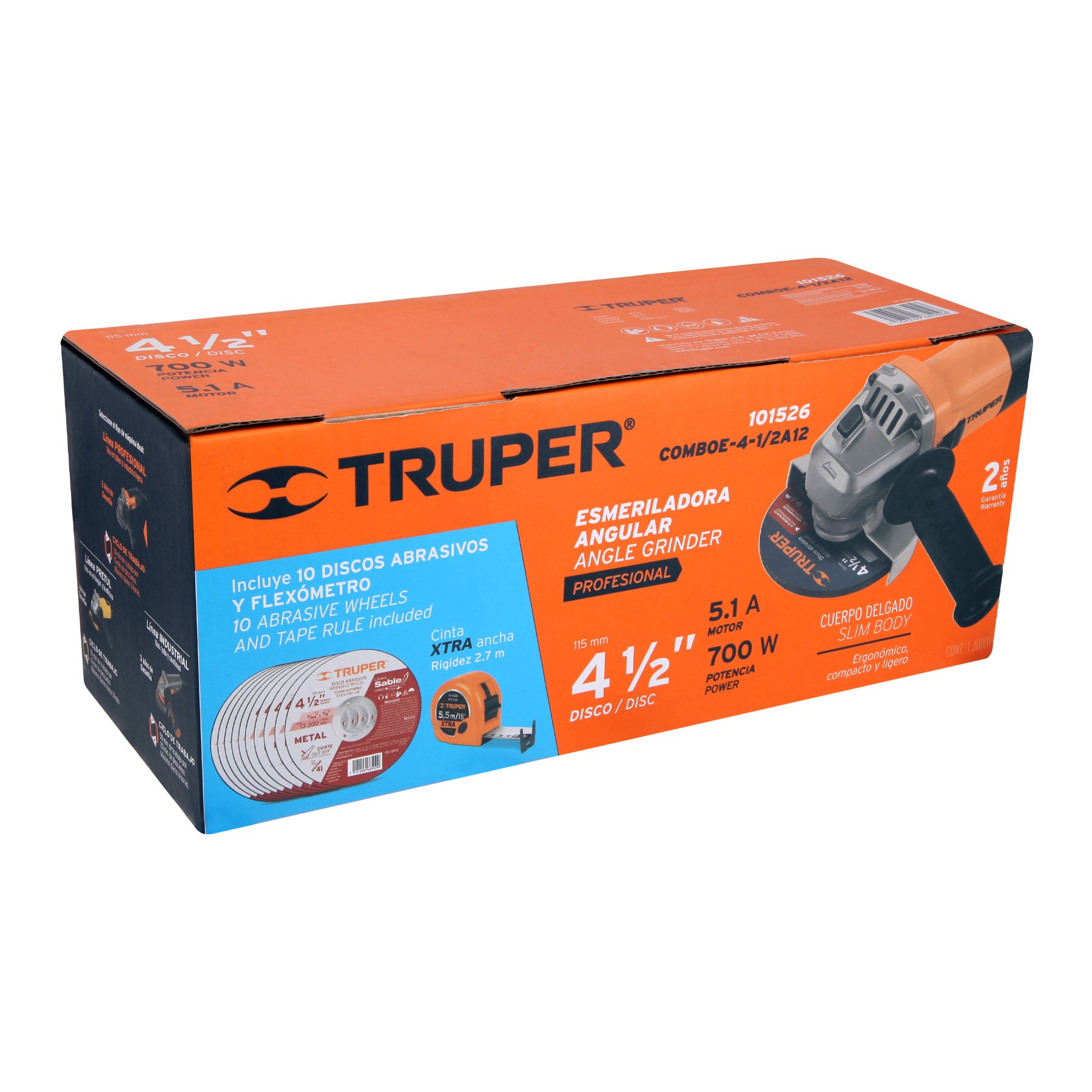 Combo esmeriladora 4-1/2", 700W, discos y flexómetro, PRO