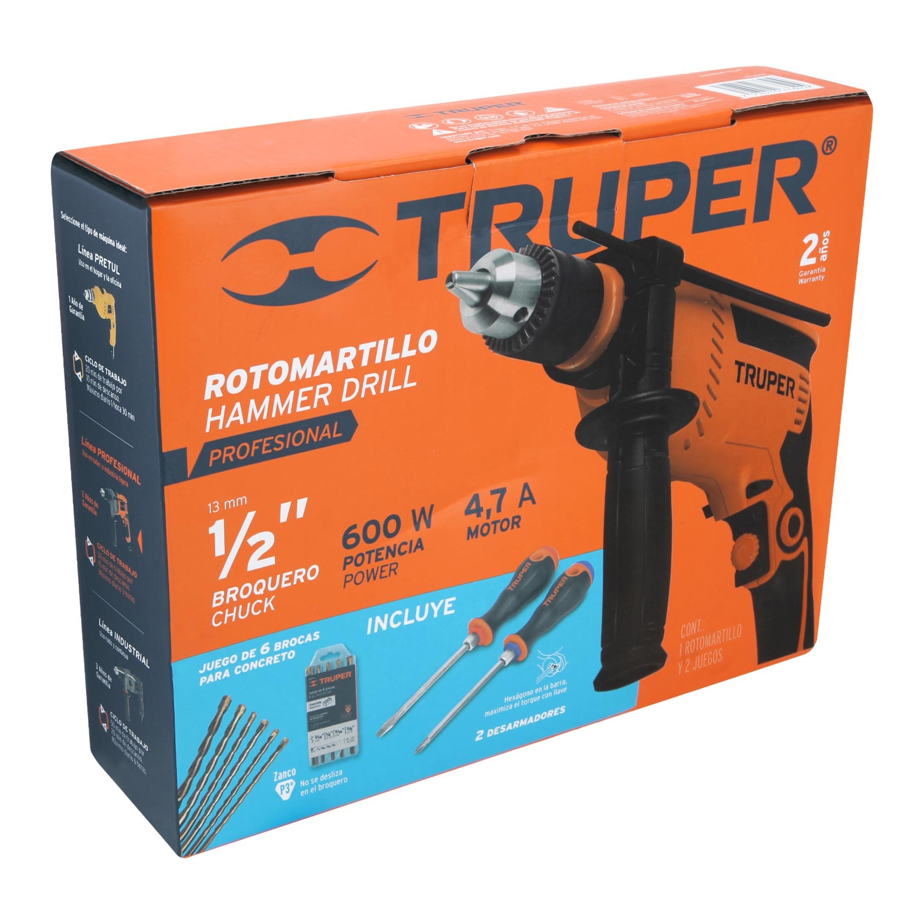 Combo rotomartillo 1/2" 650W, 6 brocas y 2 desarmadores,PRO