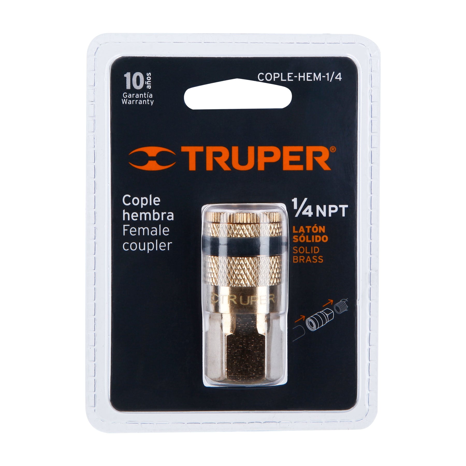 Cople rápido de latón, hembra, cuerda 1/4" NPT, Truper