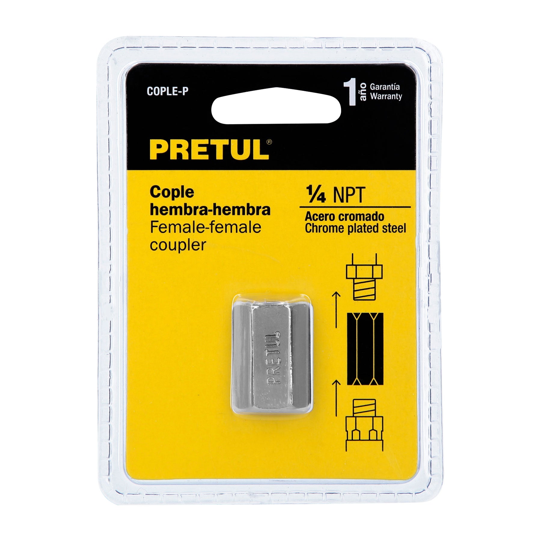 Cople de acero, hembra-hembra, cuerda 1/4" NPT, Pretul
