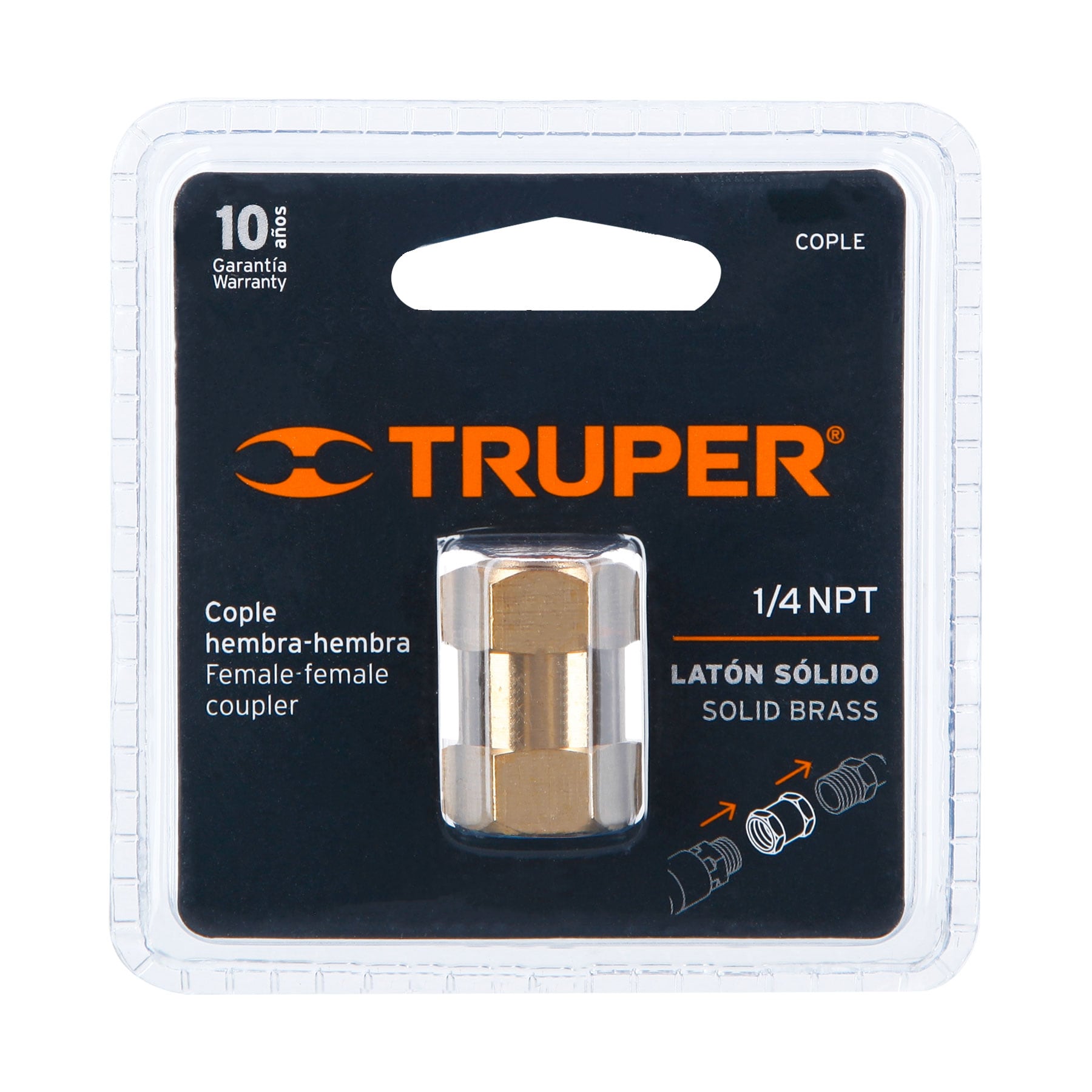 Cople de latón, hembra-hembra, cuerda 1/4" NPT, Truper