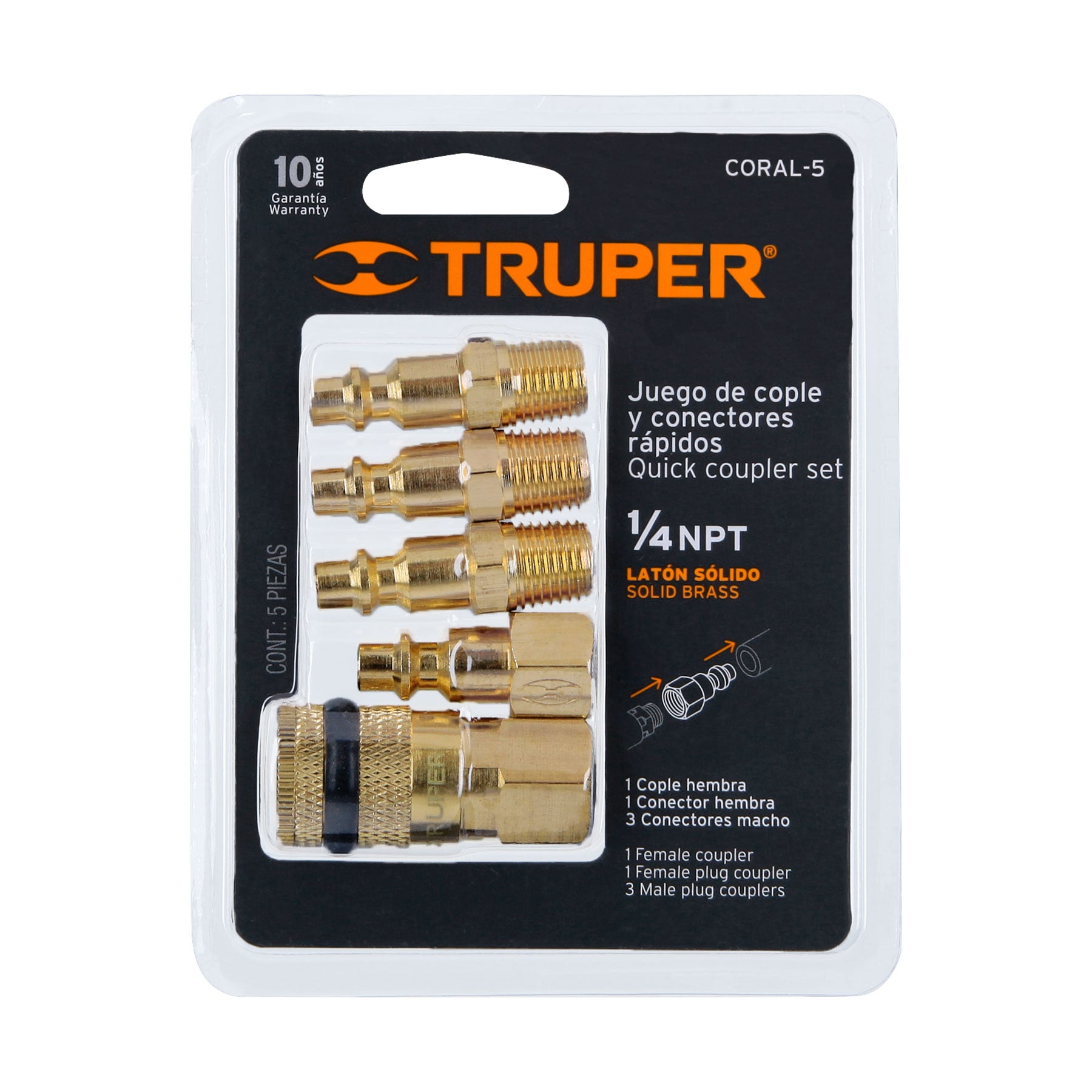 Juego de 4 conectores rápidos y 1 cople, de latón, Truper