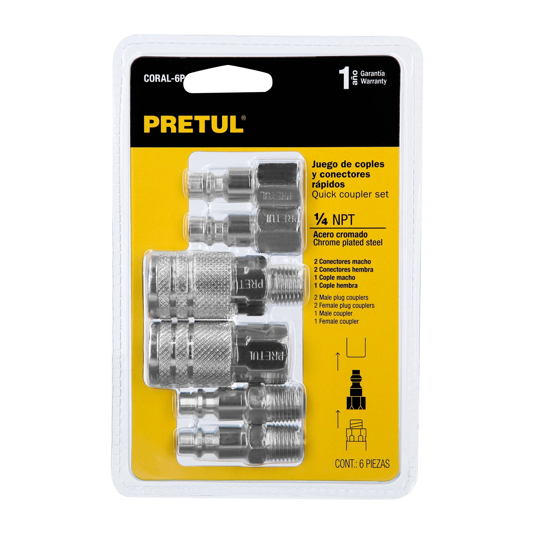 Juego de 4 conectores rápidos y 2 coples, de acero, Pretul