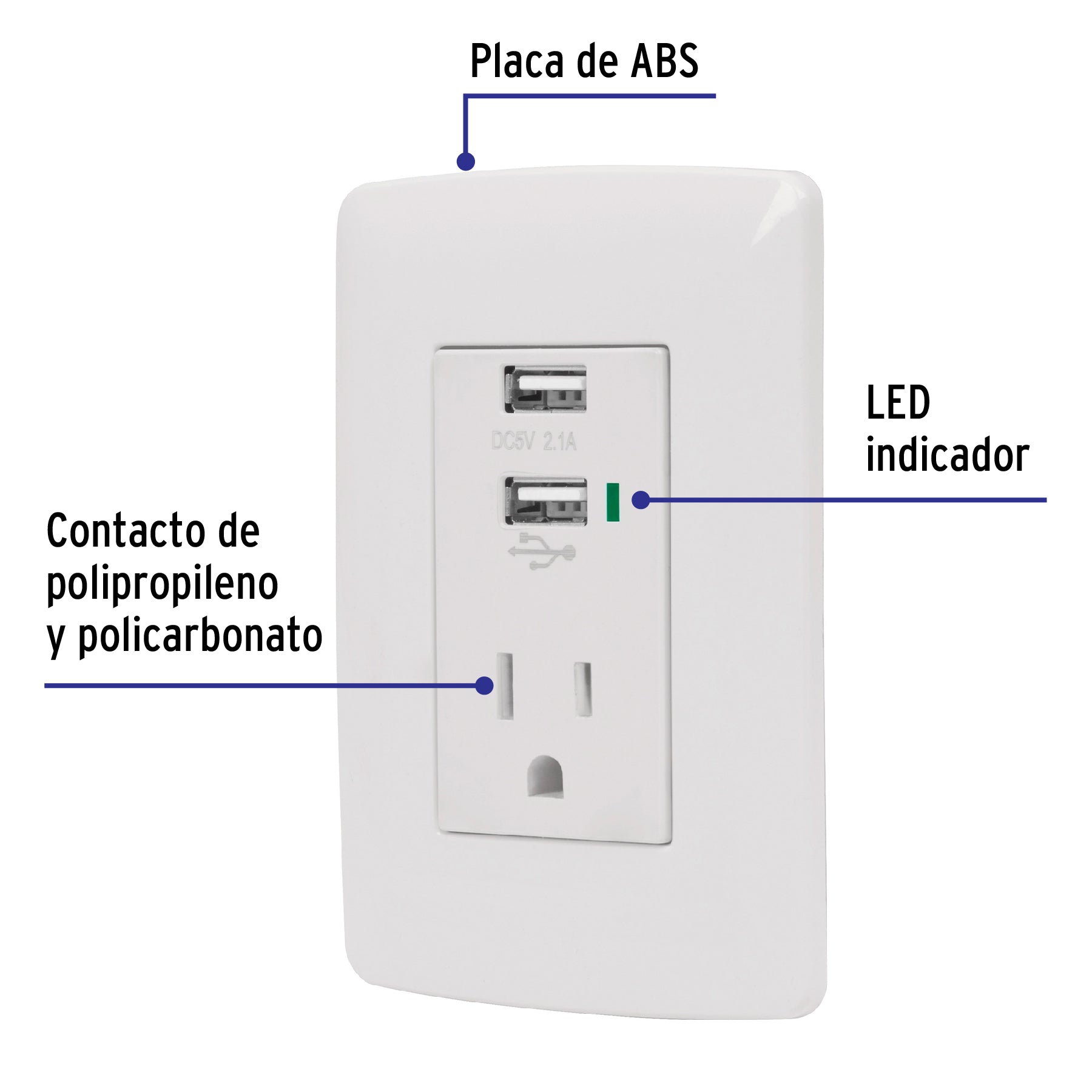 Contacto aterrizado + 2 puertos USB, blanco, línea Italiana, Volteck, COUSB-IB, 48065