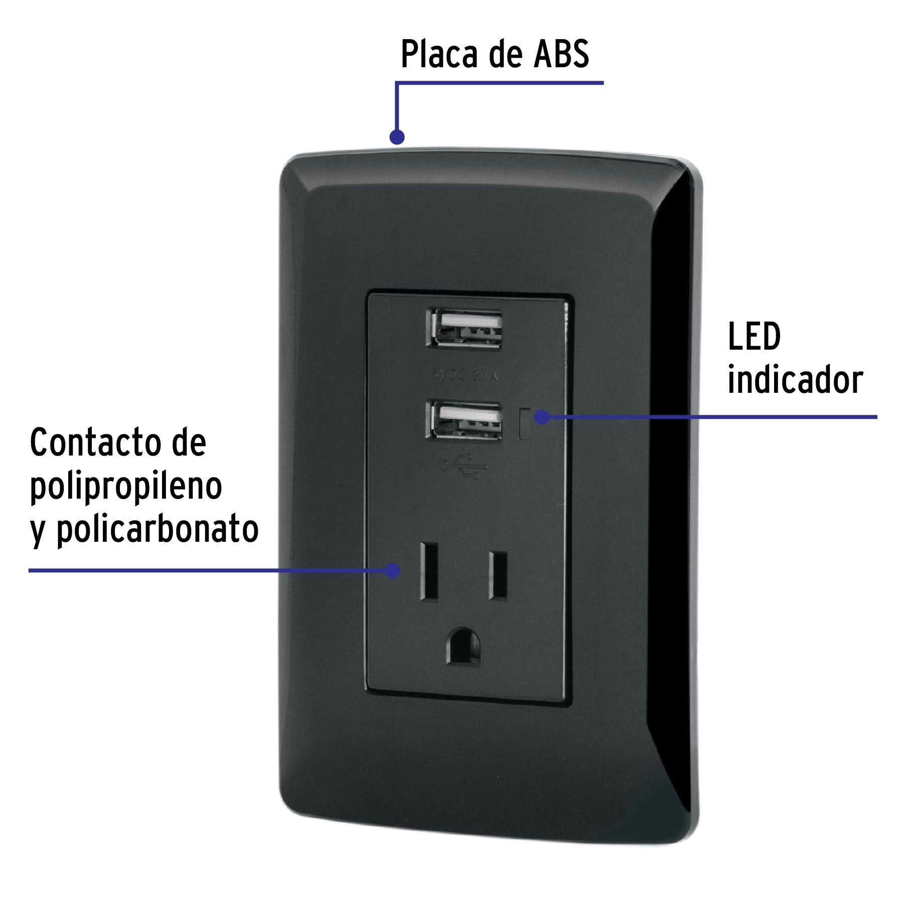 Contacto aterrizado + 2 puertos USB, negro, línea Italiana, Volteck, COUSB-IN, 47590