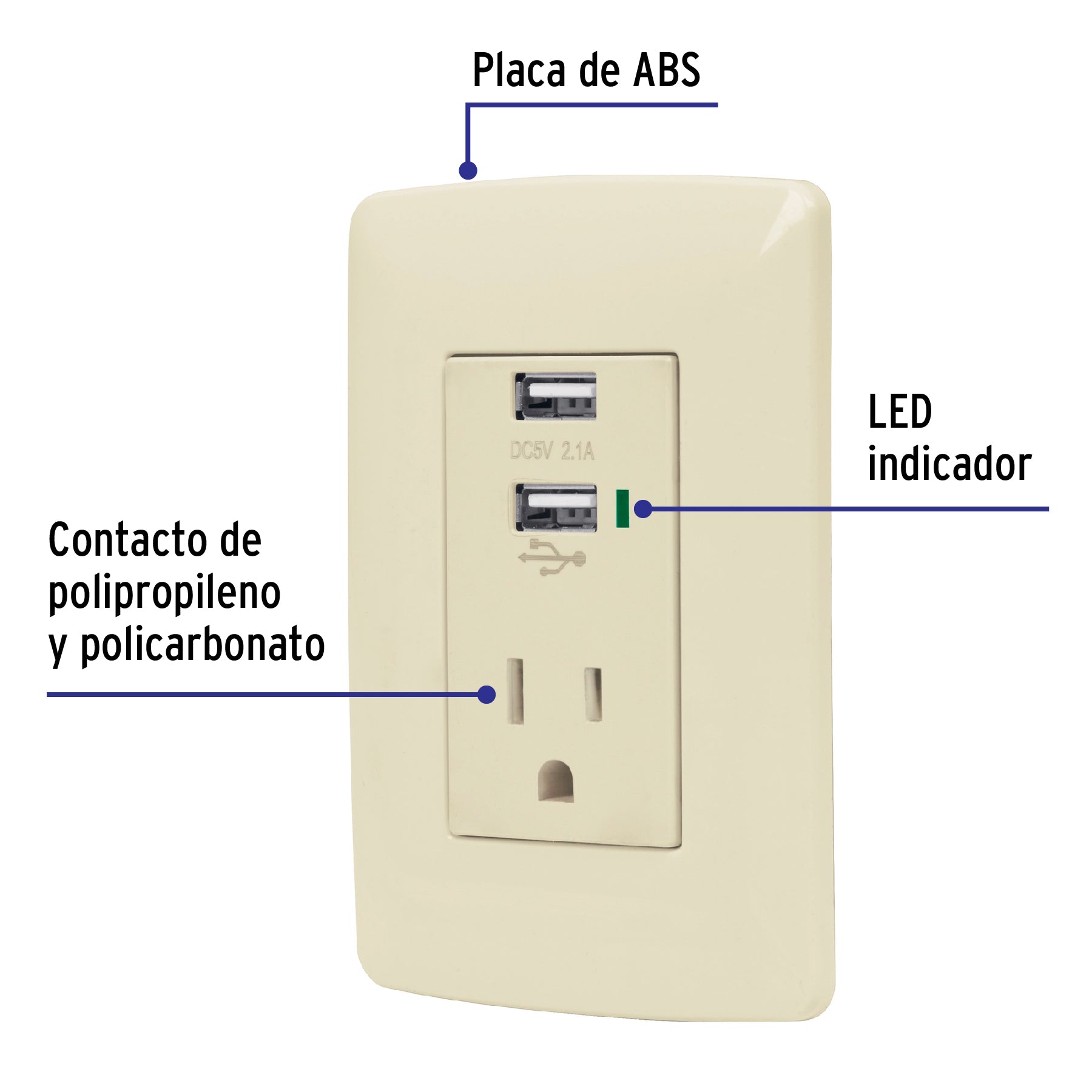 Contacto aterrizado + 2 puertos USB, marfil, línea Italiana, Volteck, COUSB-I, 48064