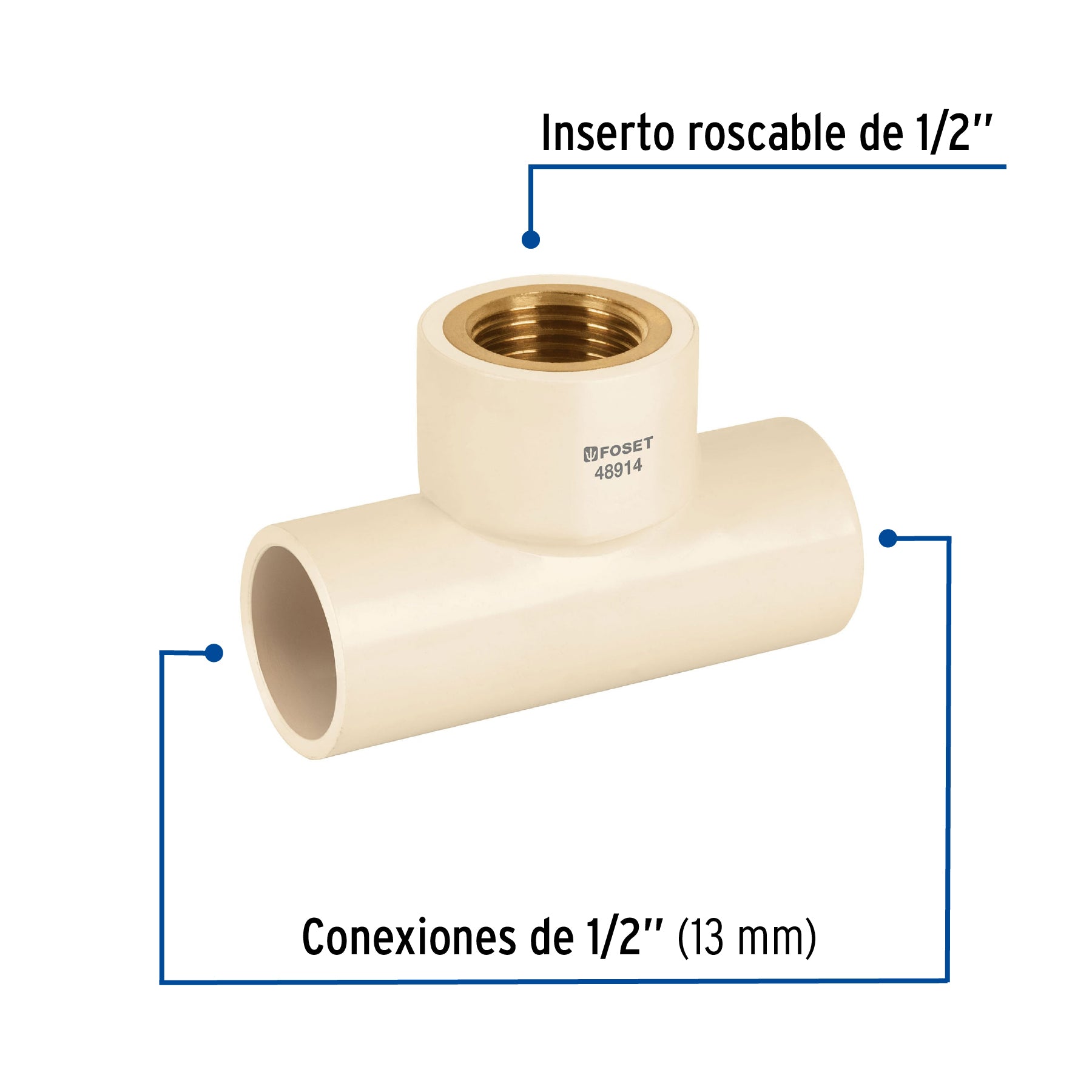 Tee de CPVC 1/2" rosca central hembra inserto latón, Foset