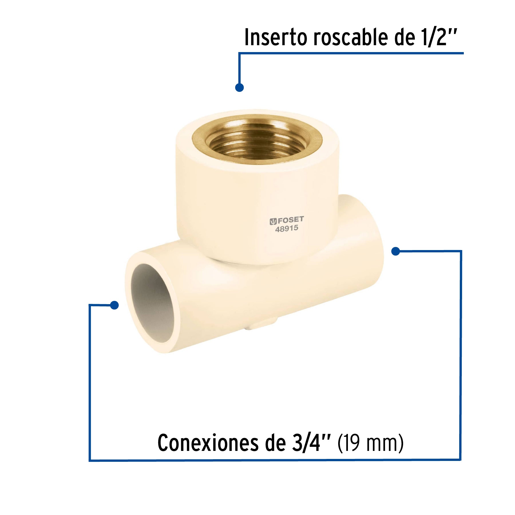Tee reducida hembra de CPVC 3/4" x 3/4" x 1/2" inserto latón