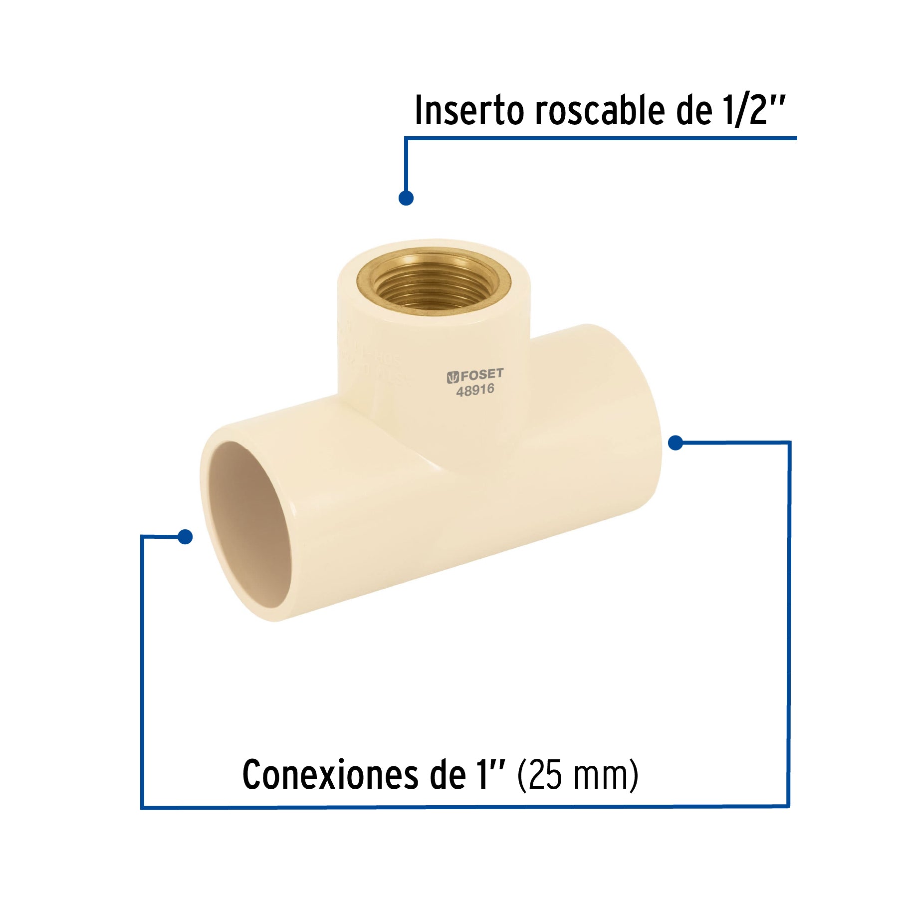 Tee reducida hembra de CPVC 1" x 1" x 1/2" inserto latón