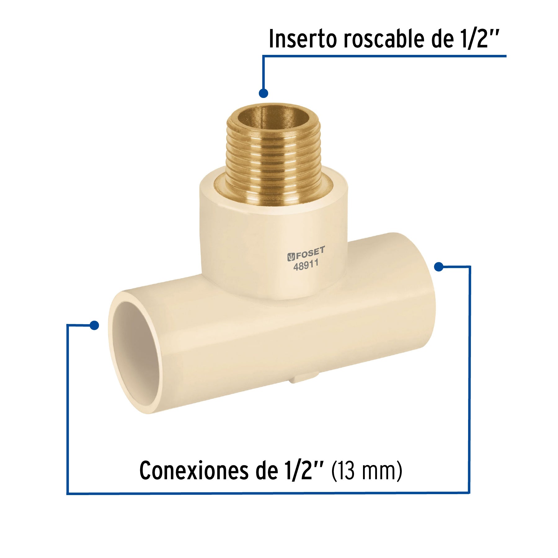 Tee de CPVC 1/2" rosca central macho inserto latón, Foset