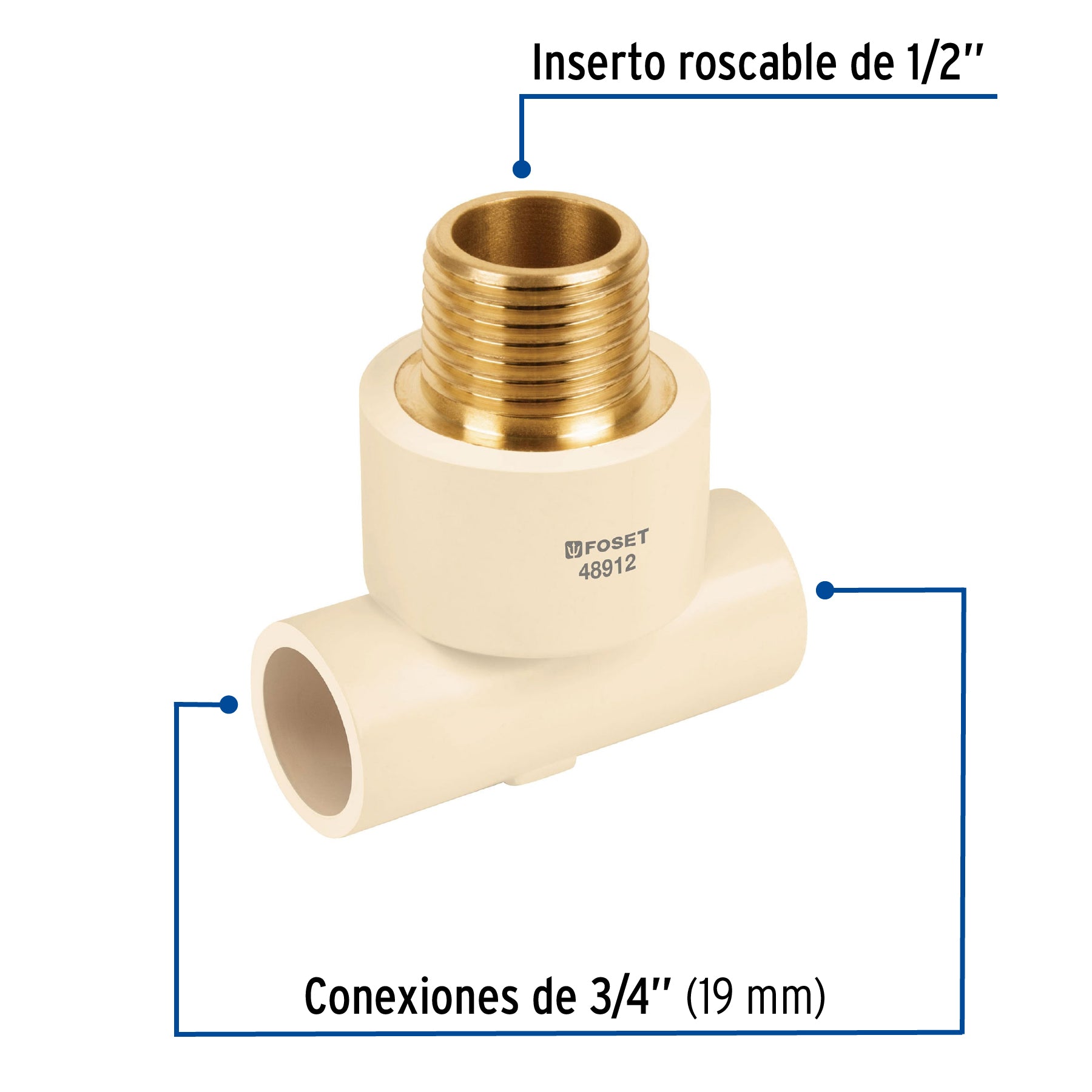 Tee reducida macho de CPVC 3/4" x 3/4" x 1/2" inserto latón