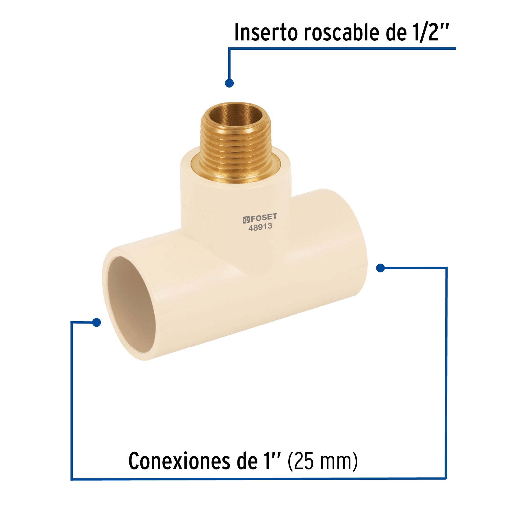 Tee reducida macho de CPVC 1" x 1" x 1/2" inserto latón