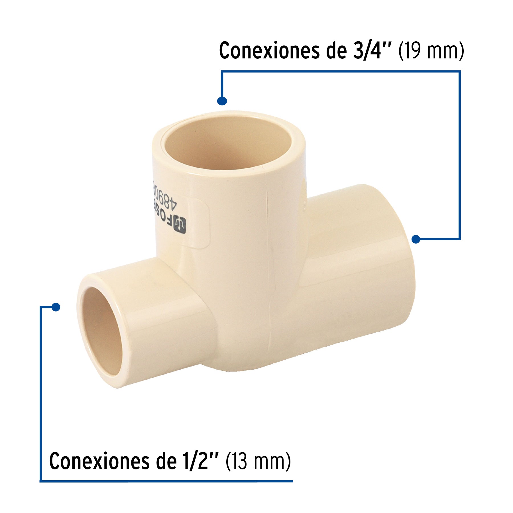 Tee reducida lateral de CPVC 3/4" x 1/2" x 3/4", Foset
