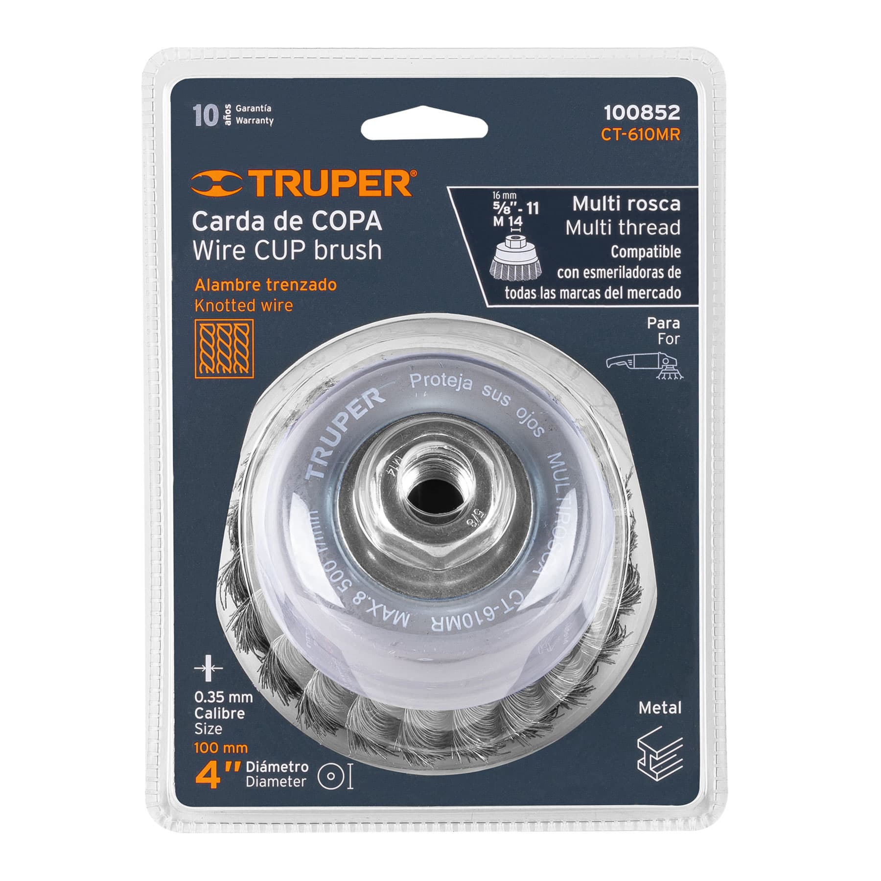 Carda copa 4" alambre trenzado fino, multi rosca, Truper