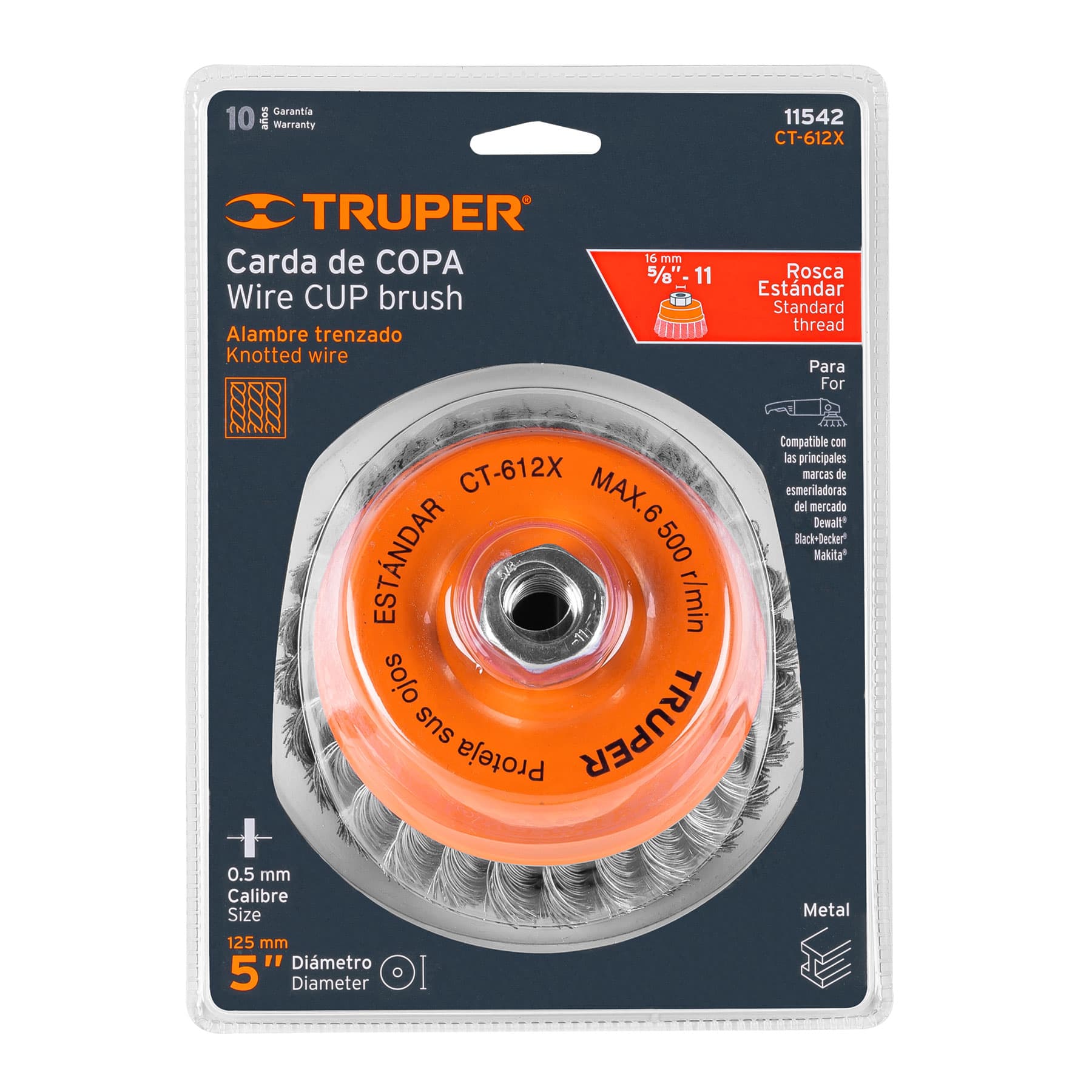 Carda copa 5" alambre trenzado grueso, eje 5/8"-11, Truper