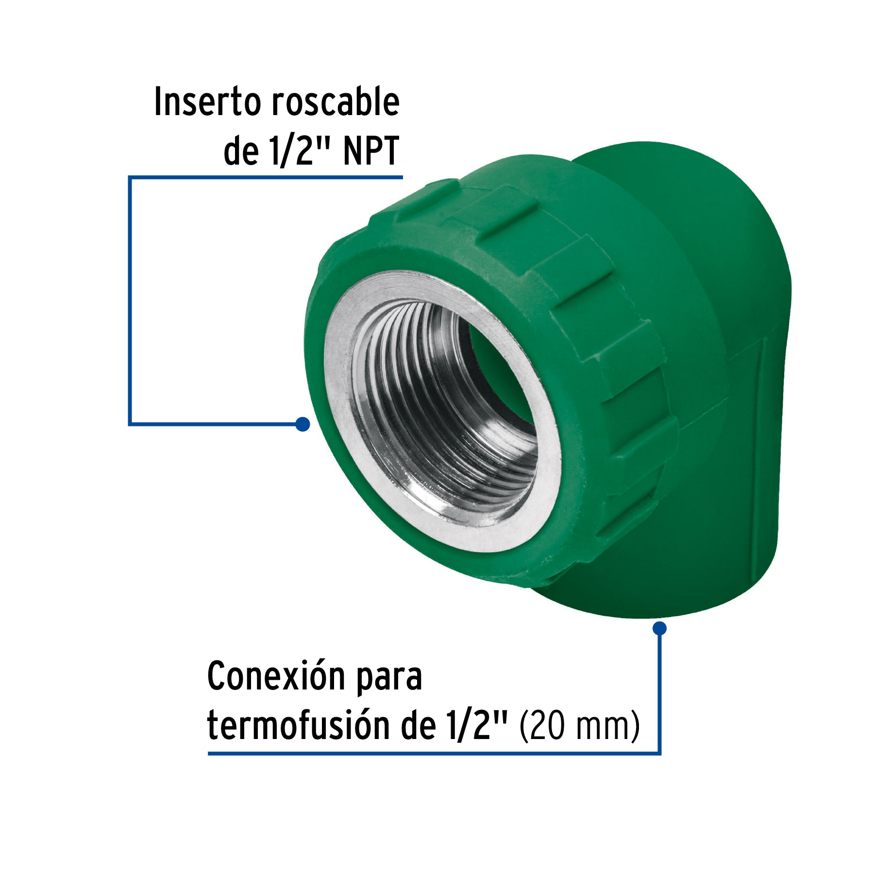 Codo 90∞ PPR, 1/2", rosca hembra con inserto metálico, Foset