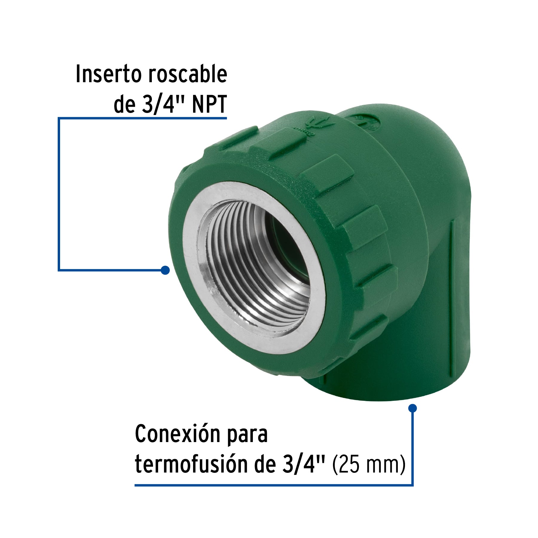Codo 90∞ PPR, 3/4", rosca hembra con inserto metálico, Foset
