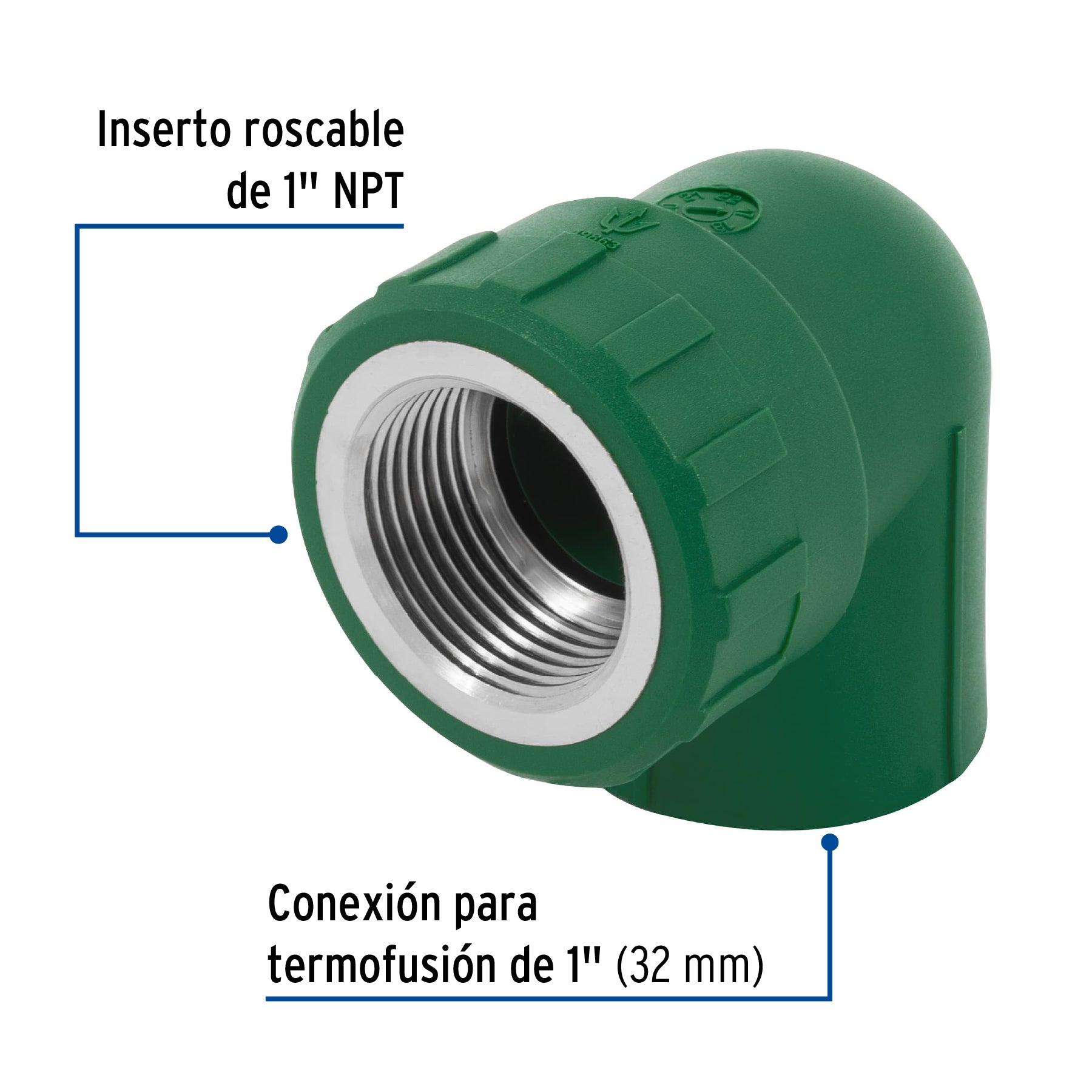 Codo 90∞ PPR, 1", rosca hembra con inserto metálico, Foset