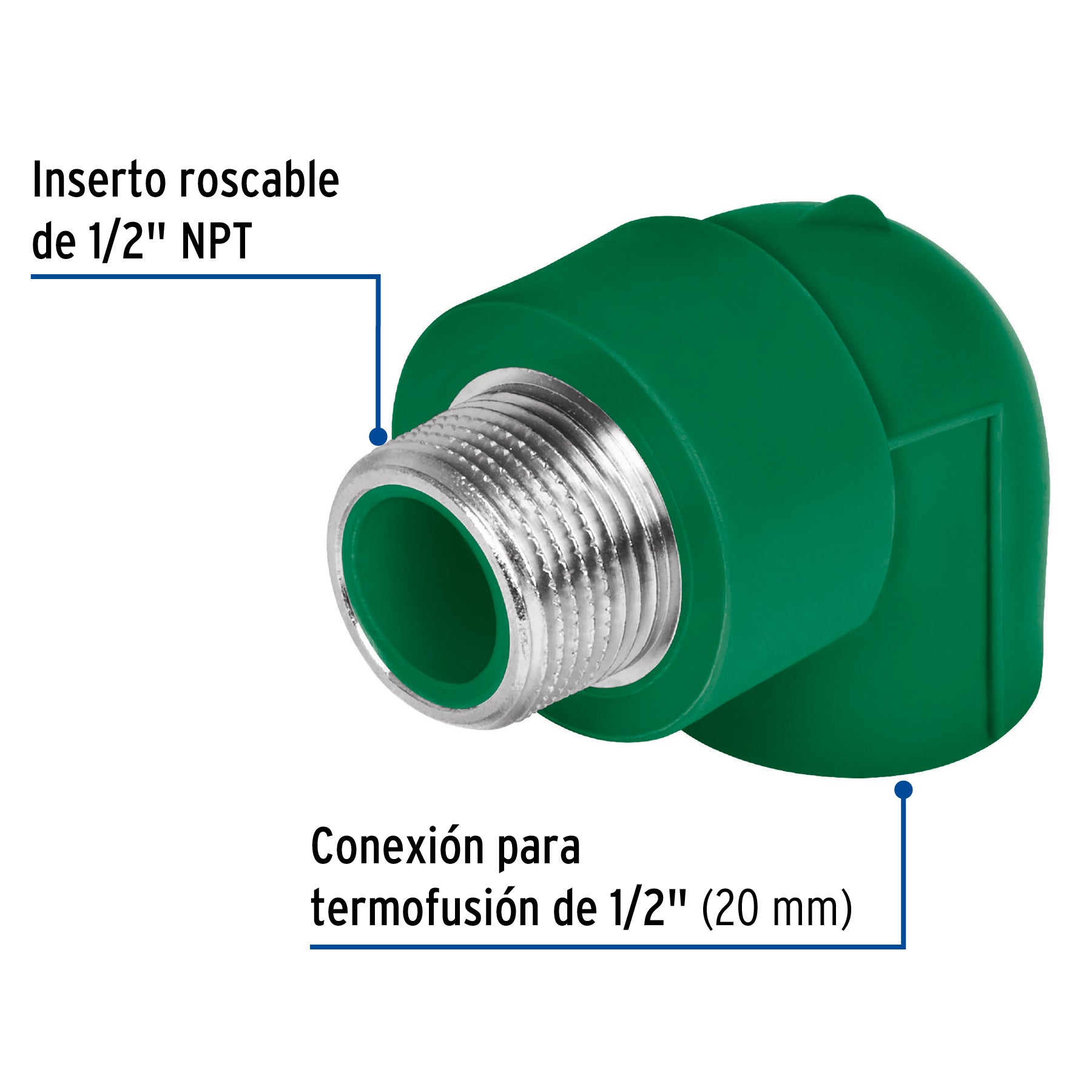 Codo 90∞ PPR, 1/2", rosca macho con inserto metálico, Foset