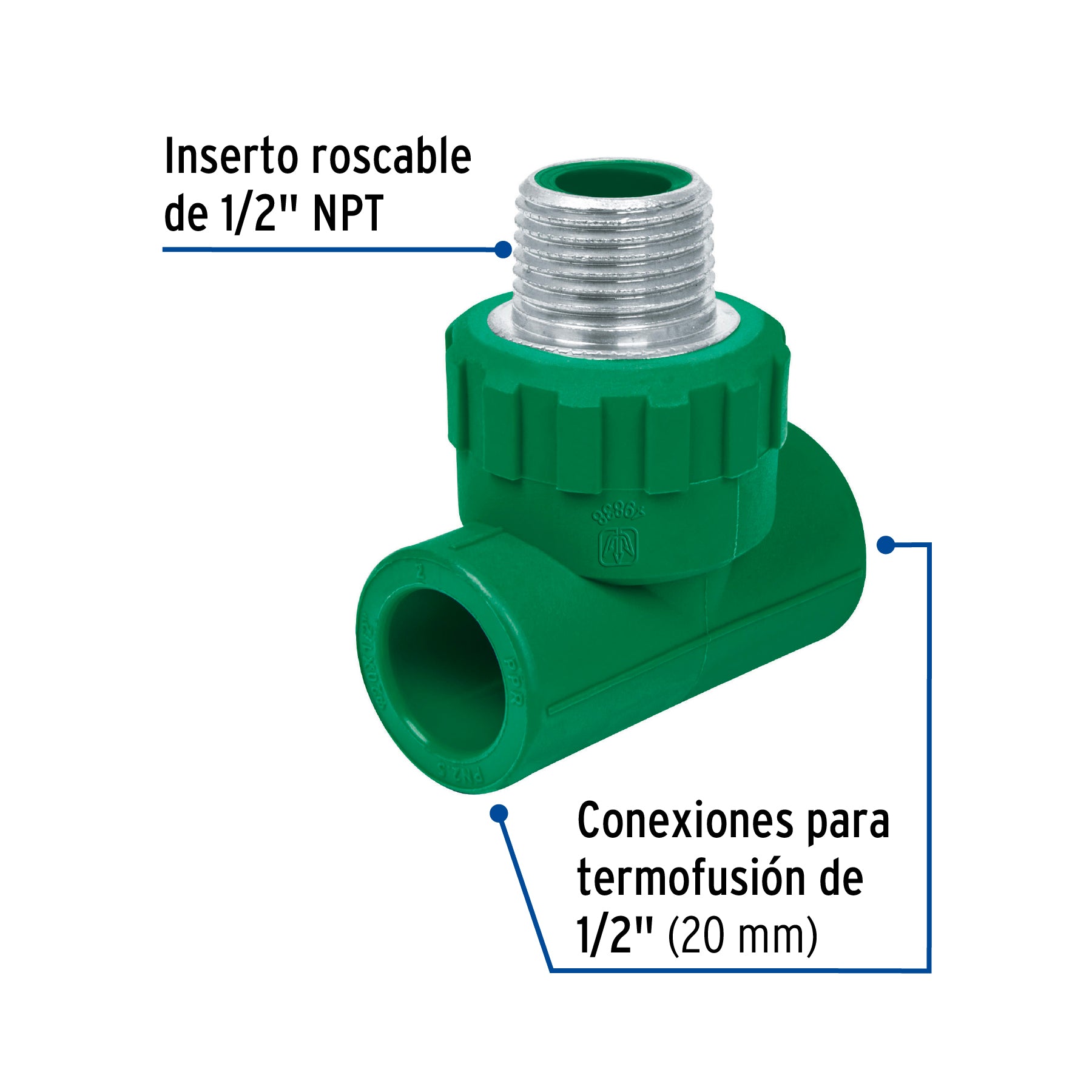 Tee macho de PPR 1/2" con inserto metálico, Foset