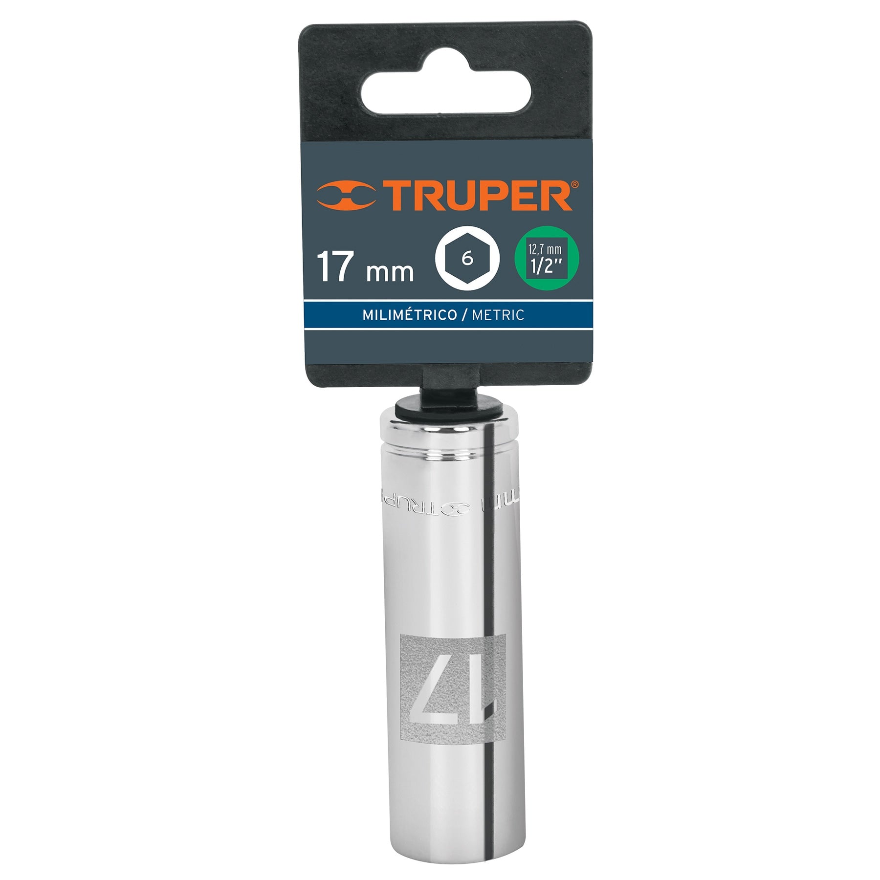 Dado largo de 17 mm, 6 puntas, cuadro 1/2", Truper