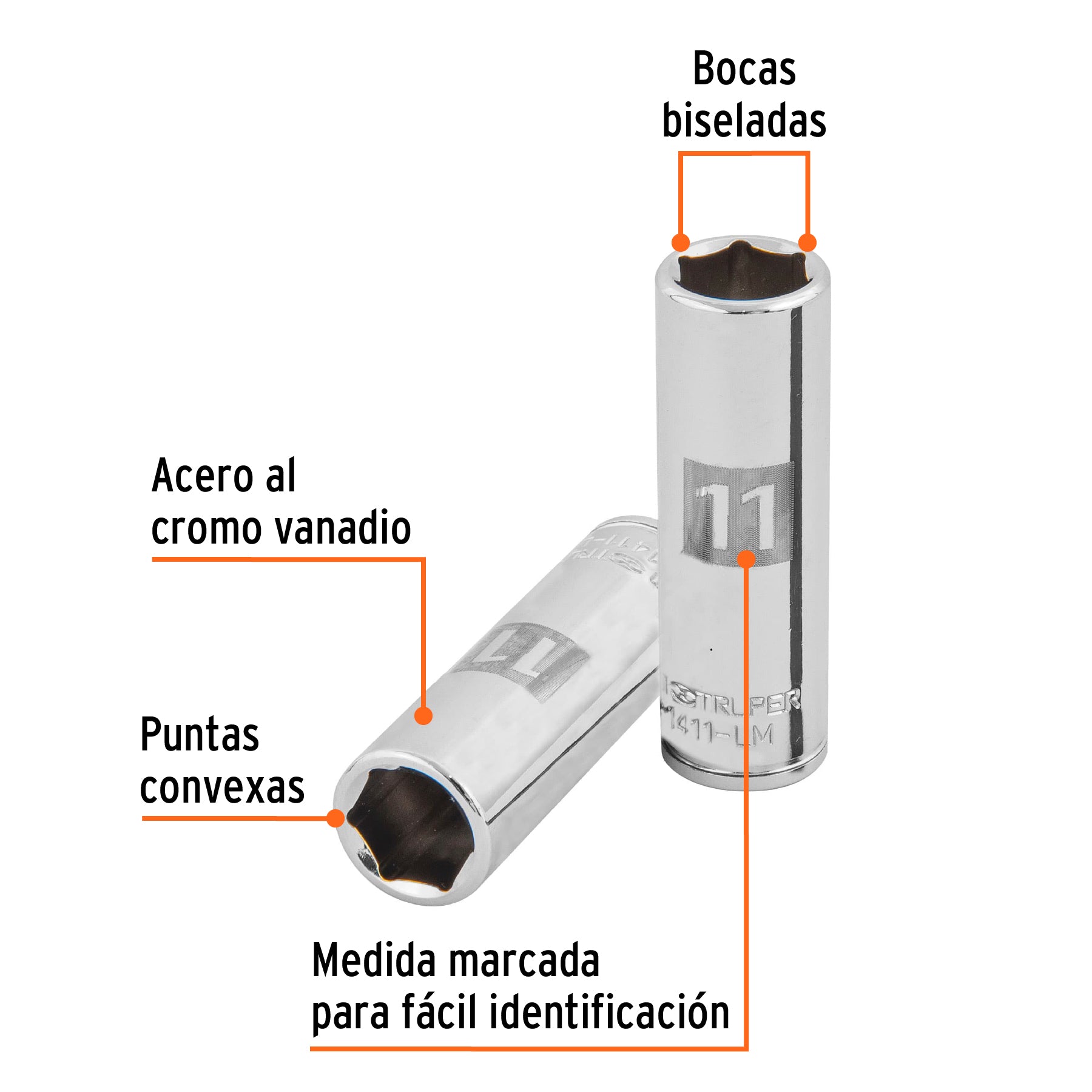 Dado largo de 11 mm, 6 puntas, cuadro 1/4", Truper