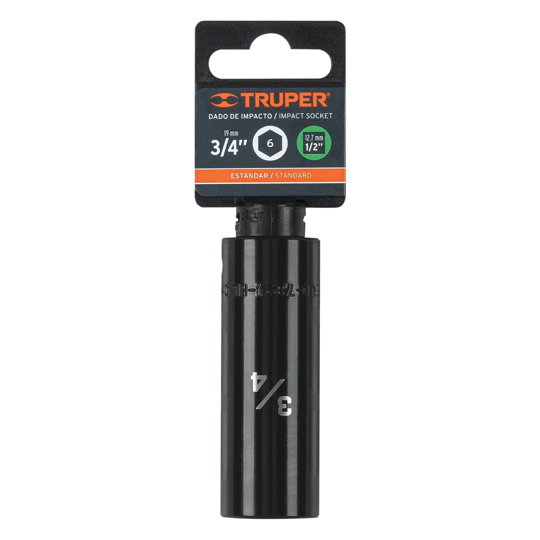 Dado largo impacto de 3/4", 6 puntas, cuadro 1/2", Truper