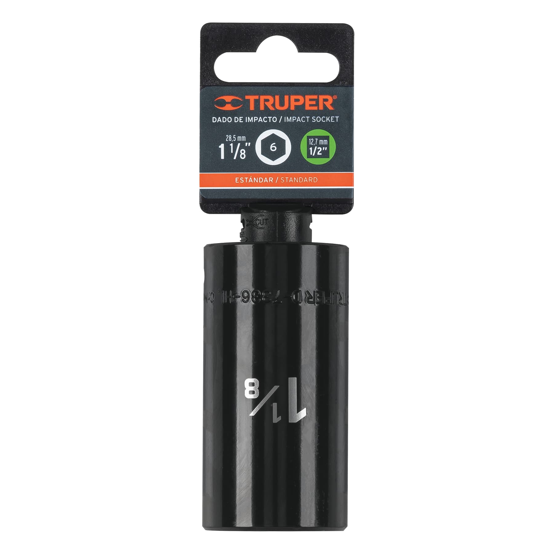 Dado largo impacto de 1-1/8", 6 puntas, cuadro 1/2", Truper