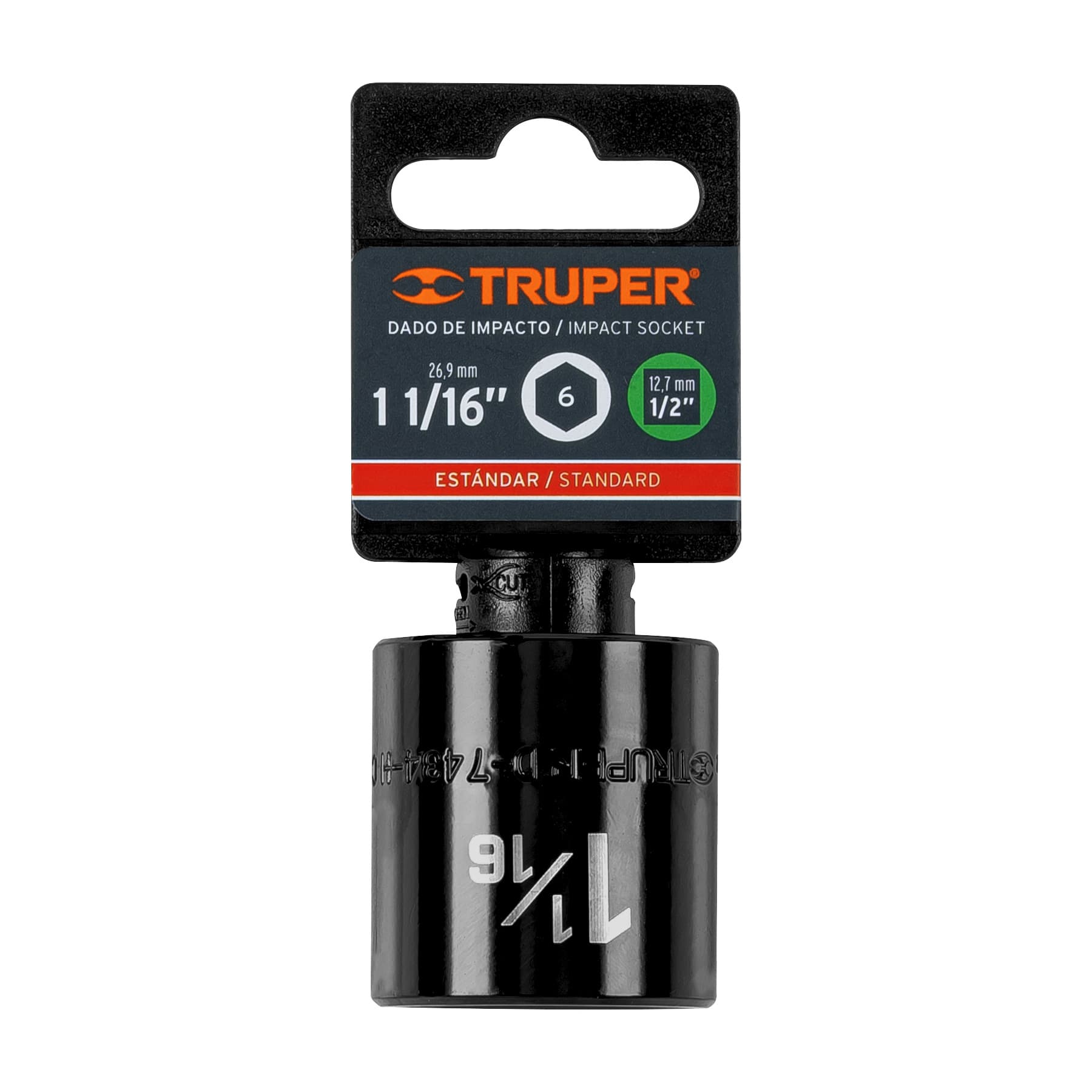 Dado de impacto de 1-1/16", 6 puntas, cuadro 1/2", Truper