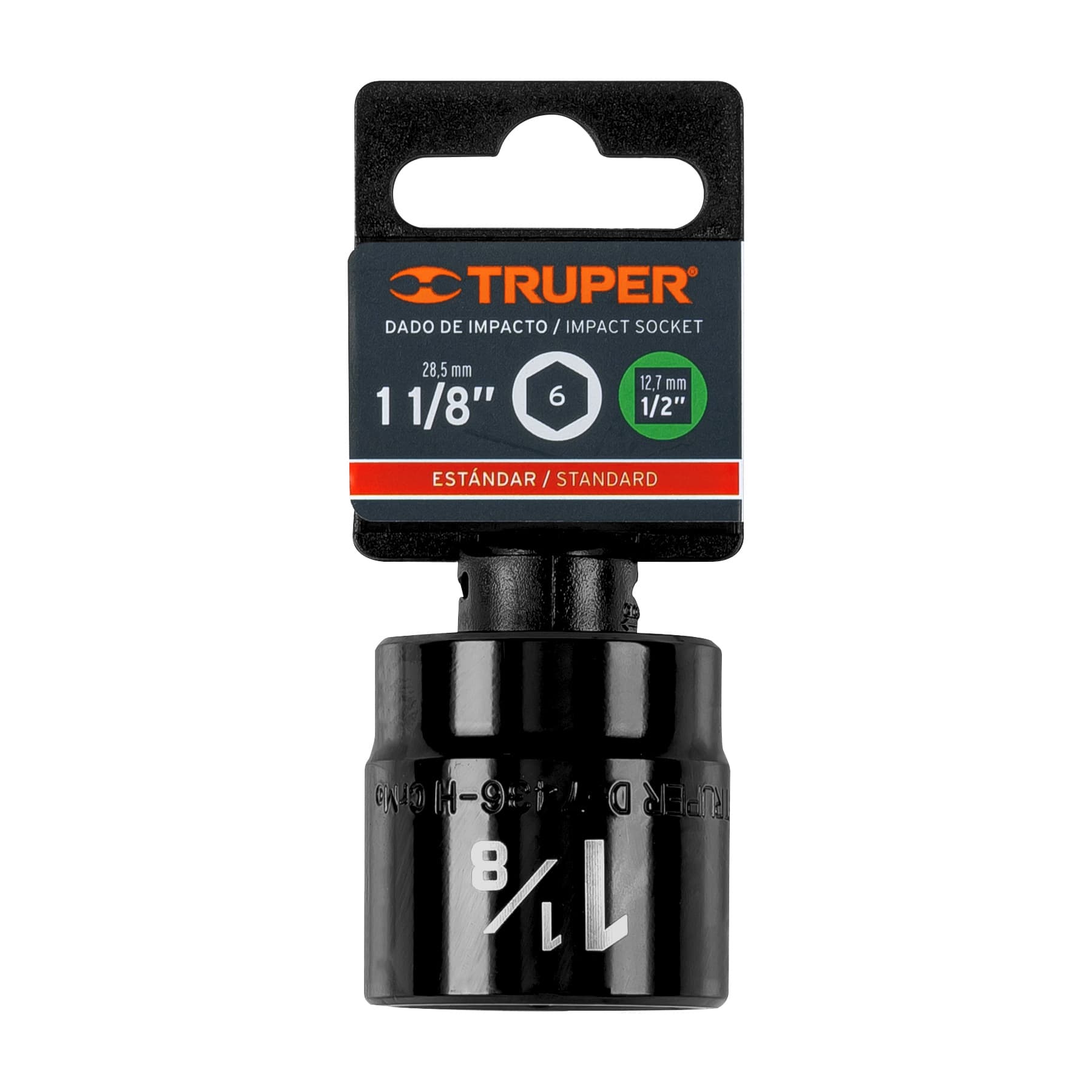 Dado de impacto de 1-1/8", 6 puntas, cuadro 1/2", Truper