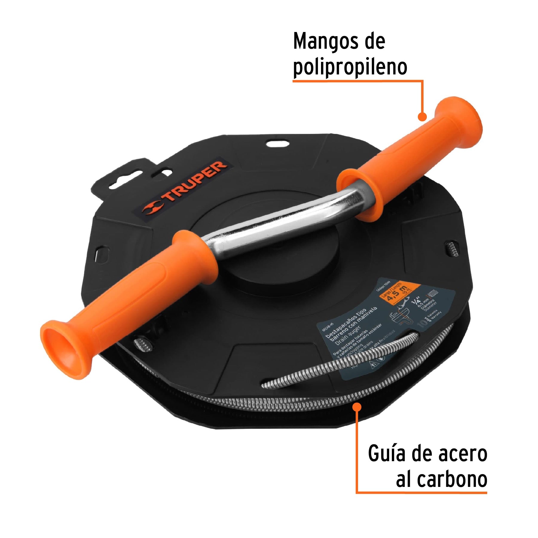 Destapacaños de 4.5 m tipo barreno con manivela, Truper