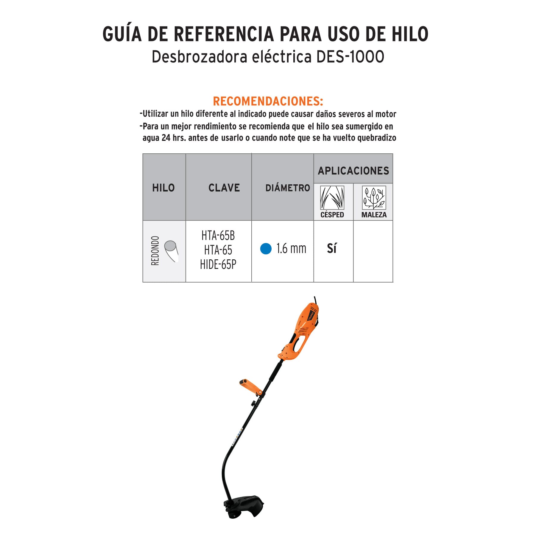 Desbrozadora eléctrica 1000 W mango "D", 14" corte, Truper