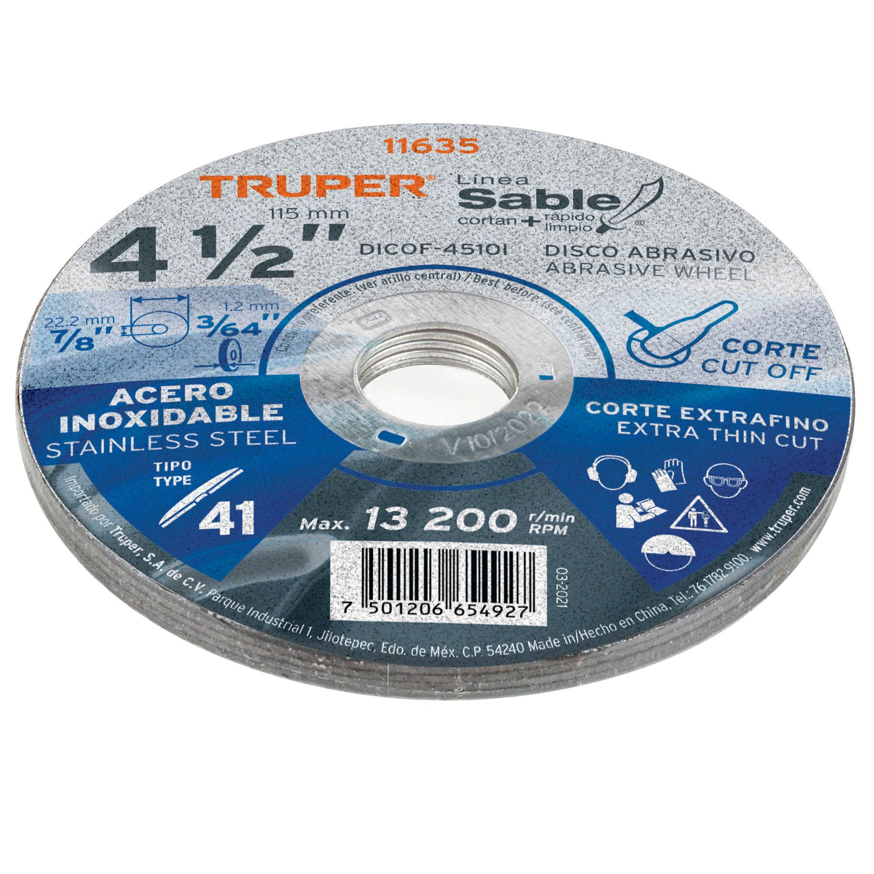Disco Tipo 41 de 4-1/2" x 1 mm corte fino acero inoxidable Sable