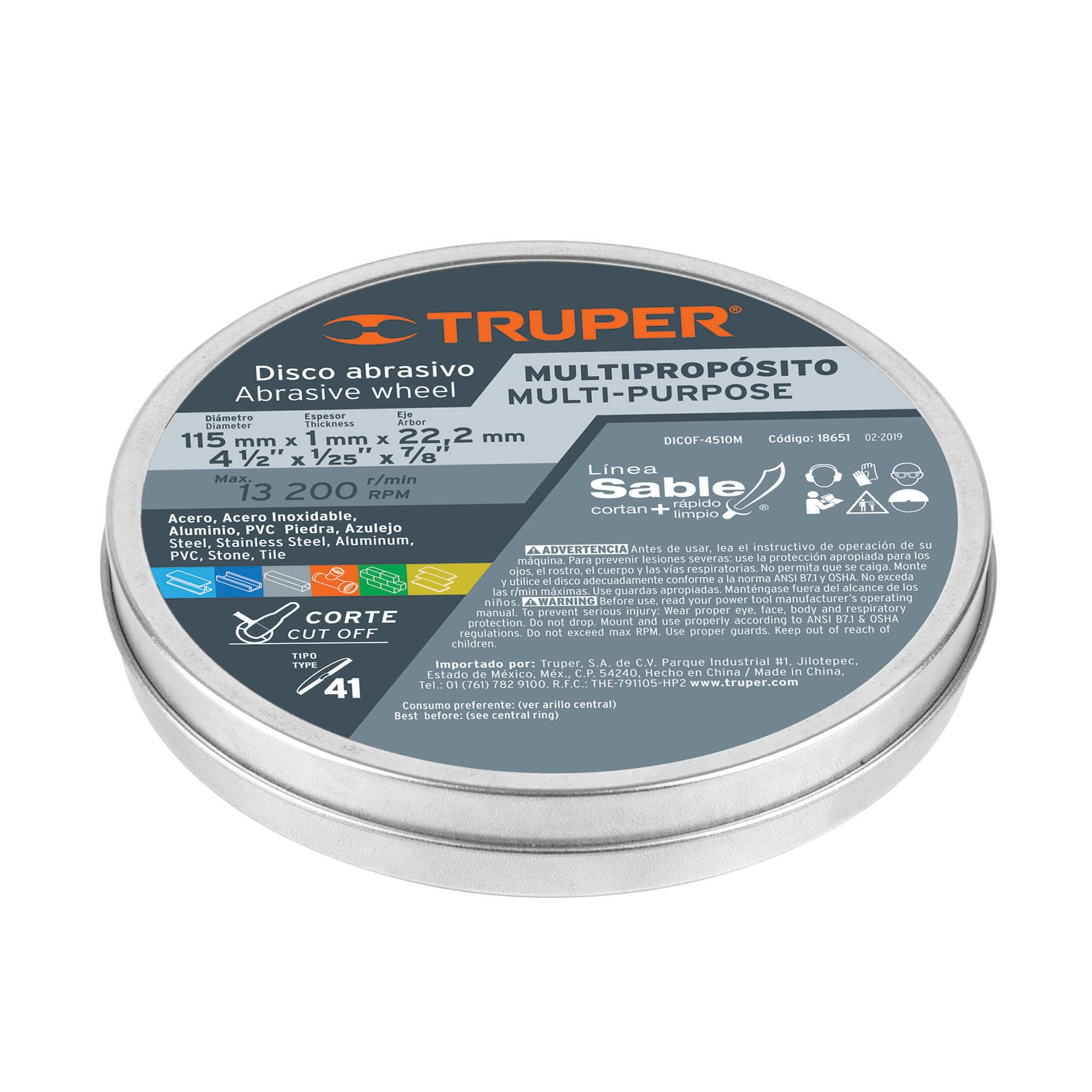 Disco Tipo 41 de 4-1/2" x 1 mm corte multimaterial, Sable