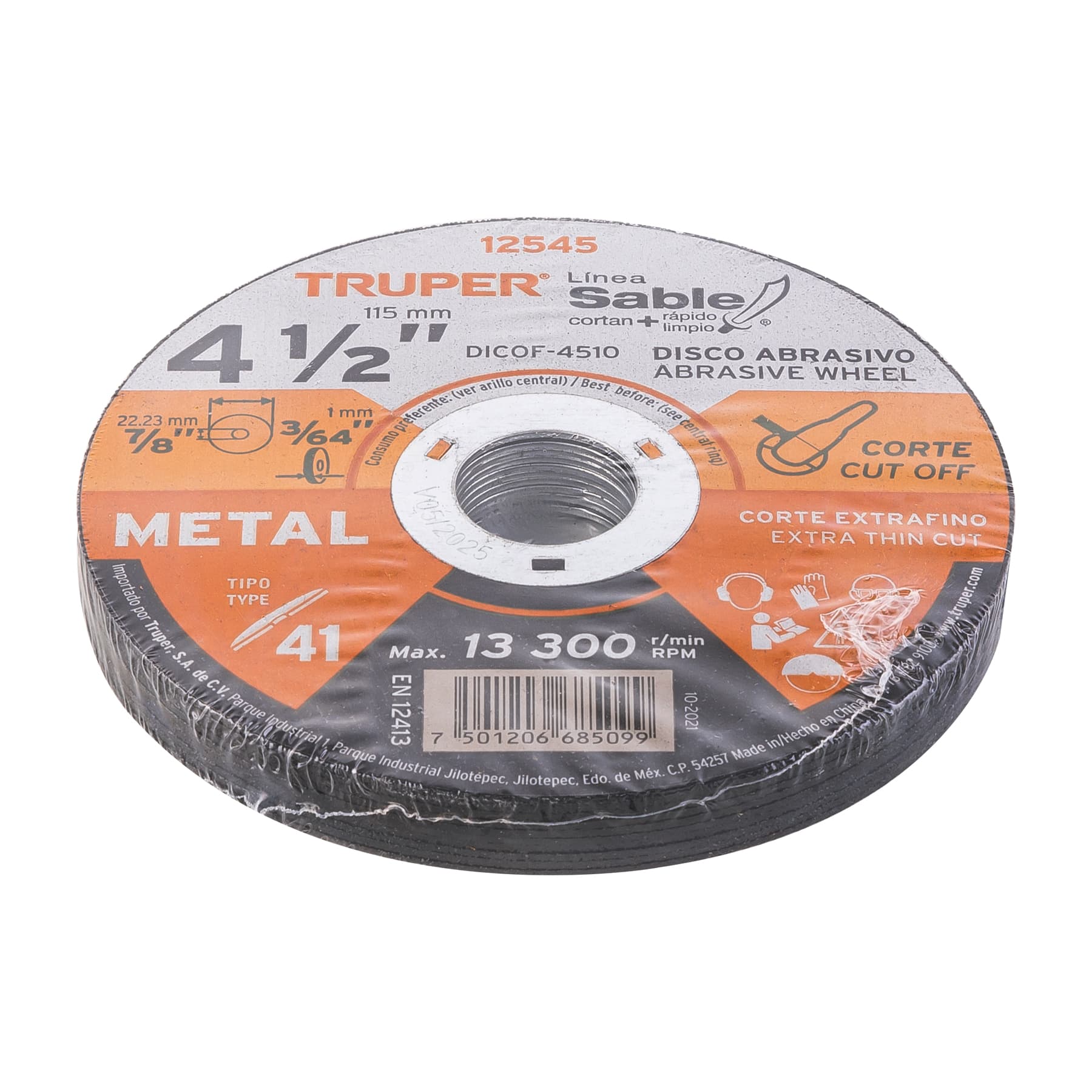 Disco Tipo 41 de 4-1/2" x 1 mm corte fino de metal, Sable