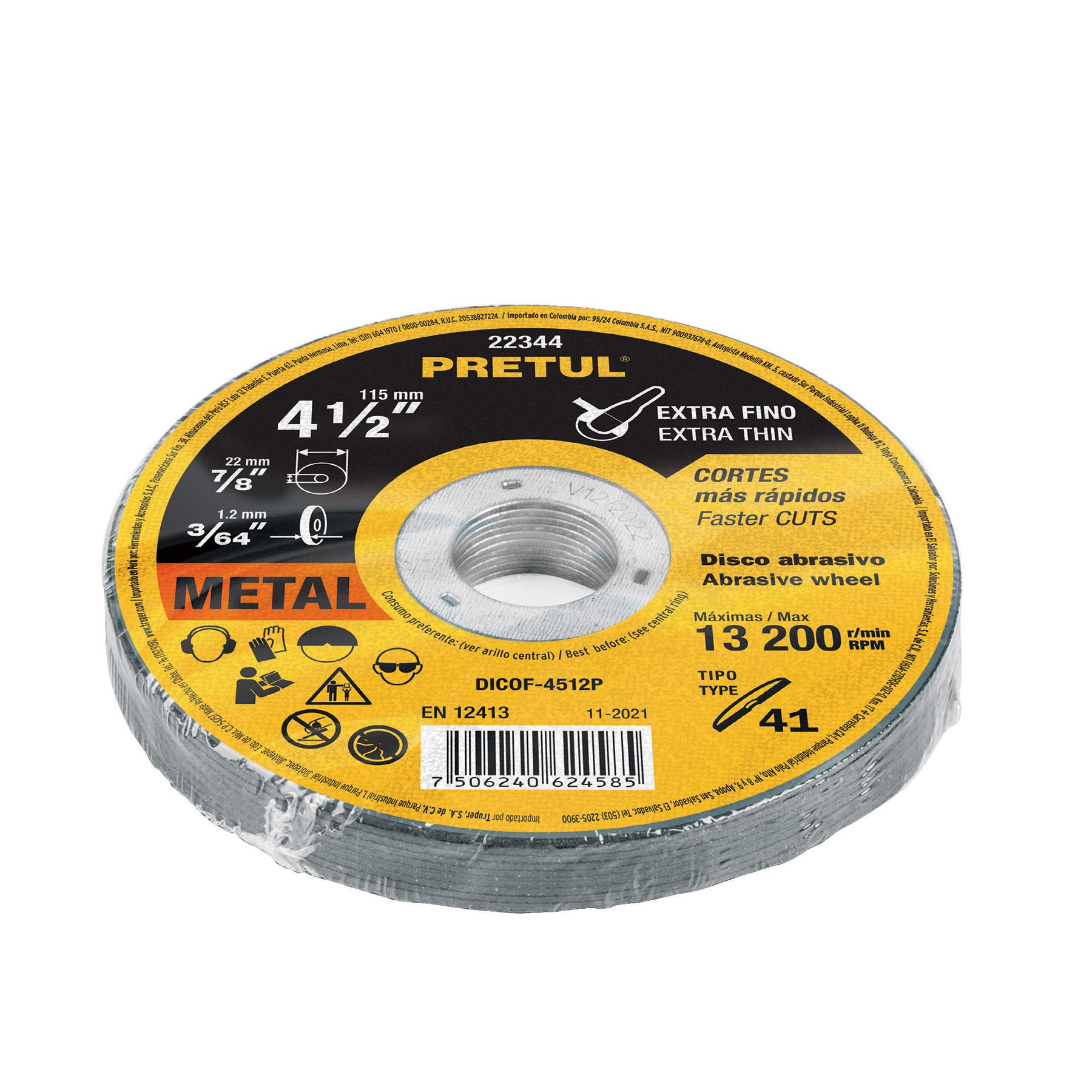 Disco Tipo 41 de 4-1/2" x 1.2 mm corte fino de metal, Pretul