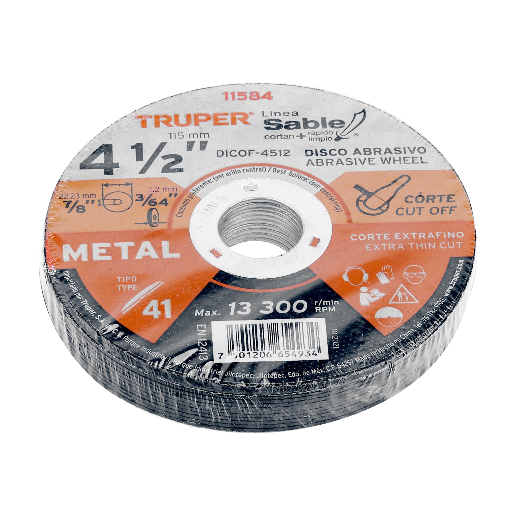 Disco Tipo 41 de 4-1/2" x 1.2 mm corte fino de metal, Sable