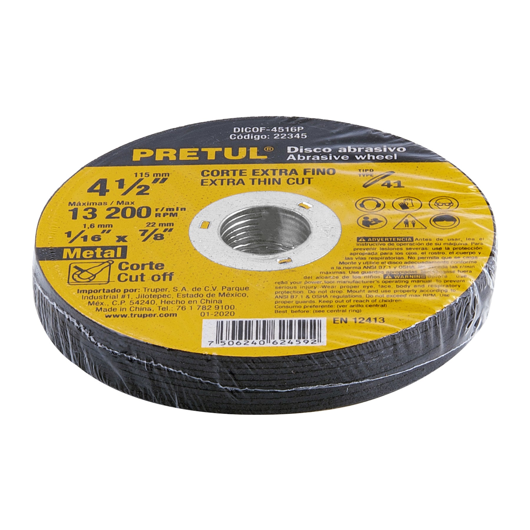 Disco Tipo 41 de 4-1/2" x 1.6 mm corte fino de metal, Pretul