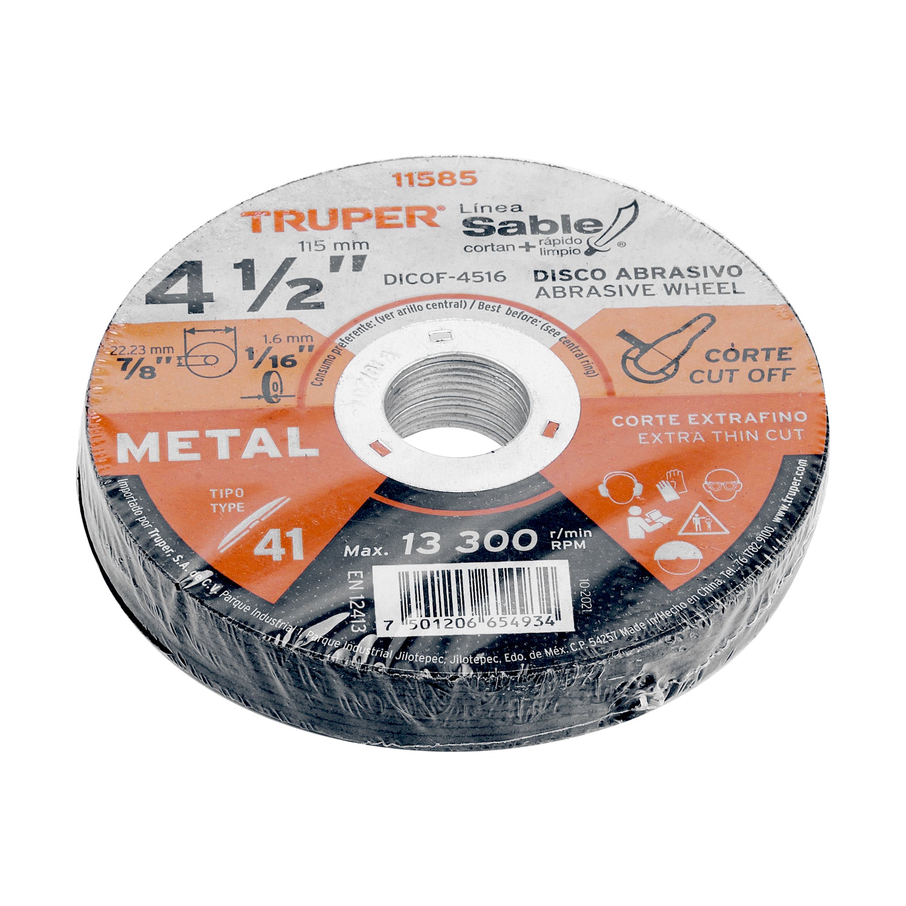 Disco Tipo 41 de 4-1/2" x 1.6 mm corte fino de metal, Sable