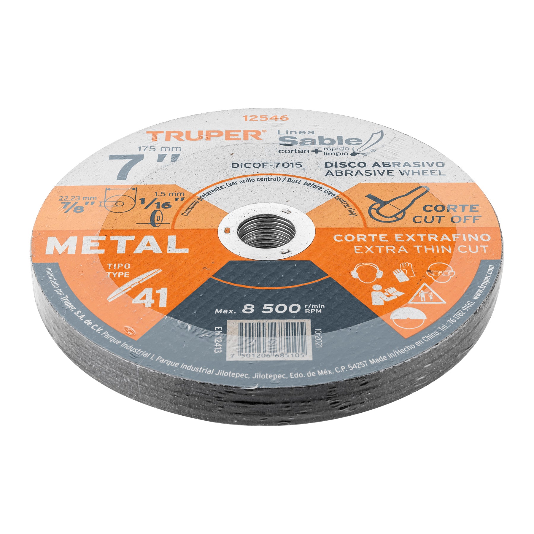 Disco Tipo 41 de 7" x 1.5 mm corte fino de metal, Sable